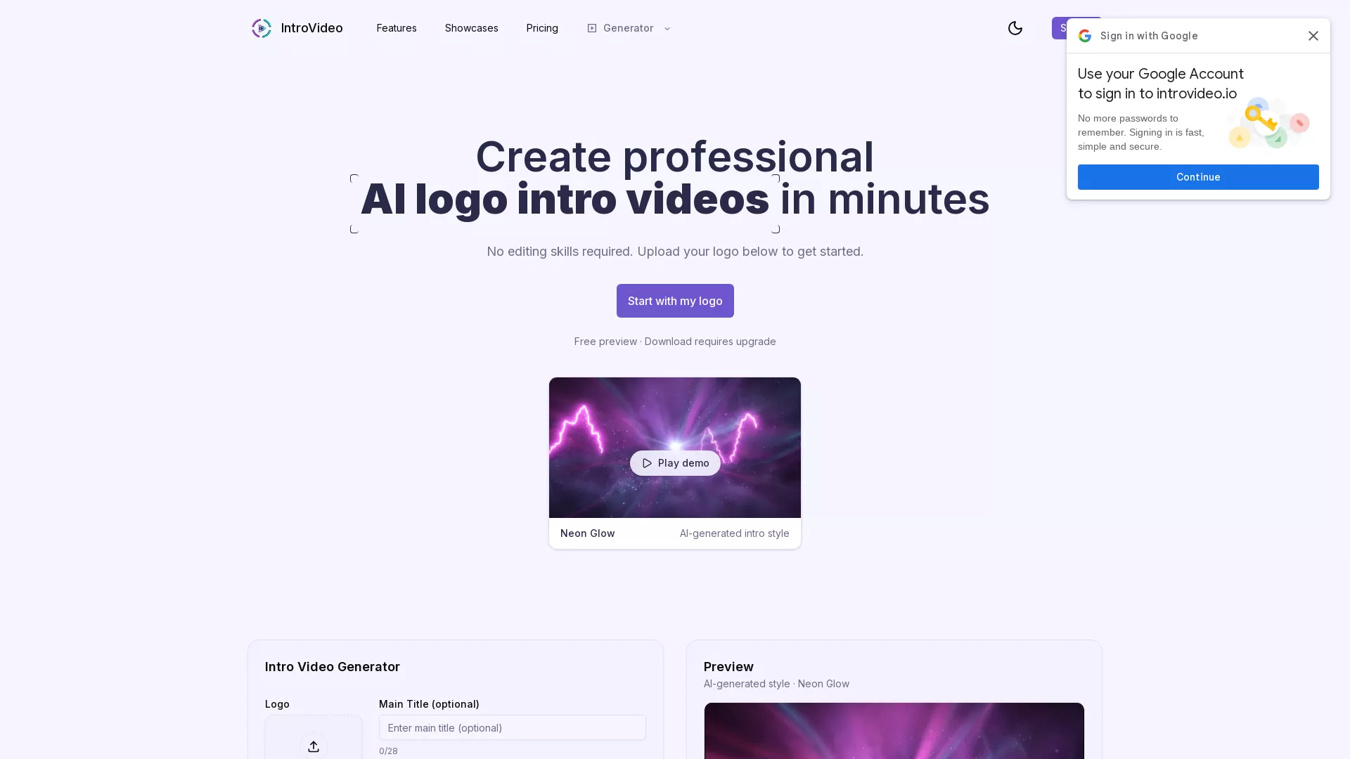 IntroVideo - AI Logo Intro Video Generation Website Screenshot