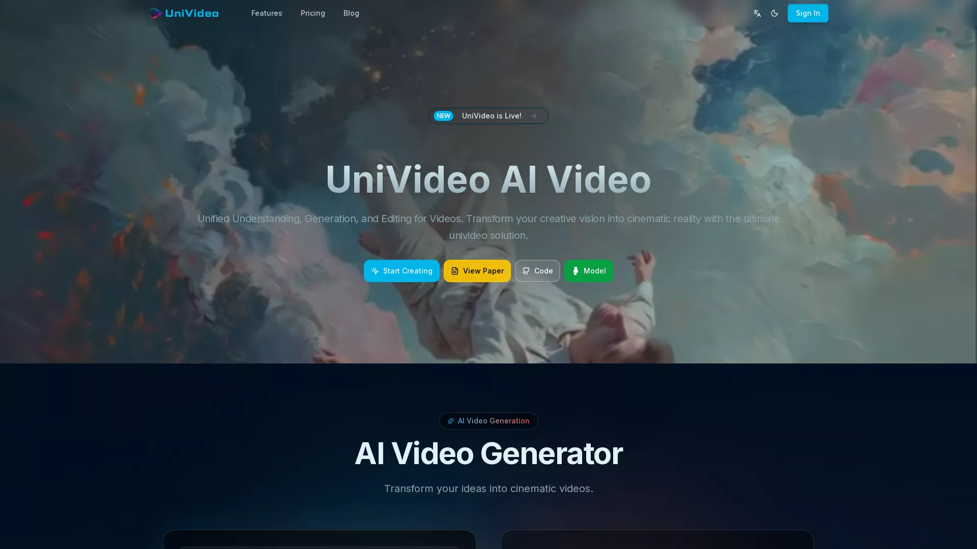 UniVideo - AI Video Editing Tool Website Screenshot