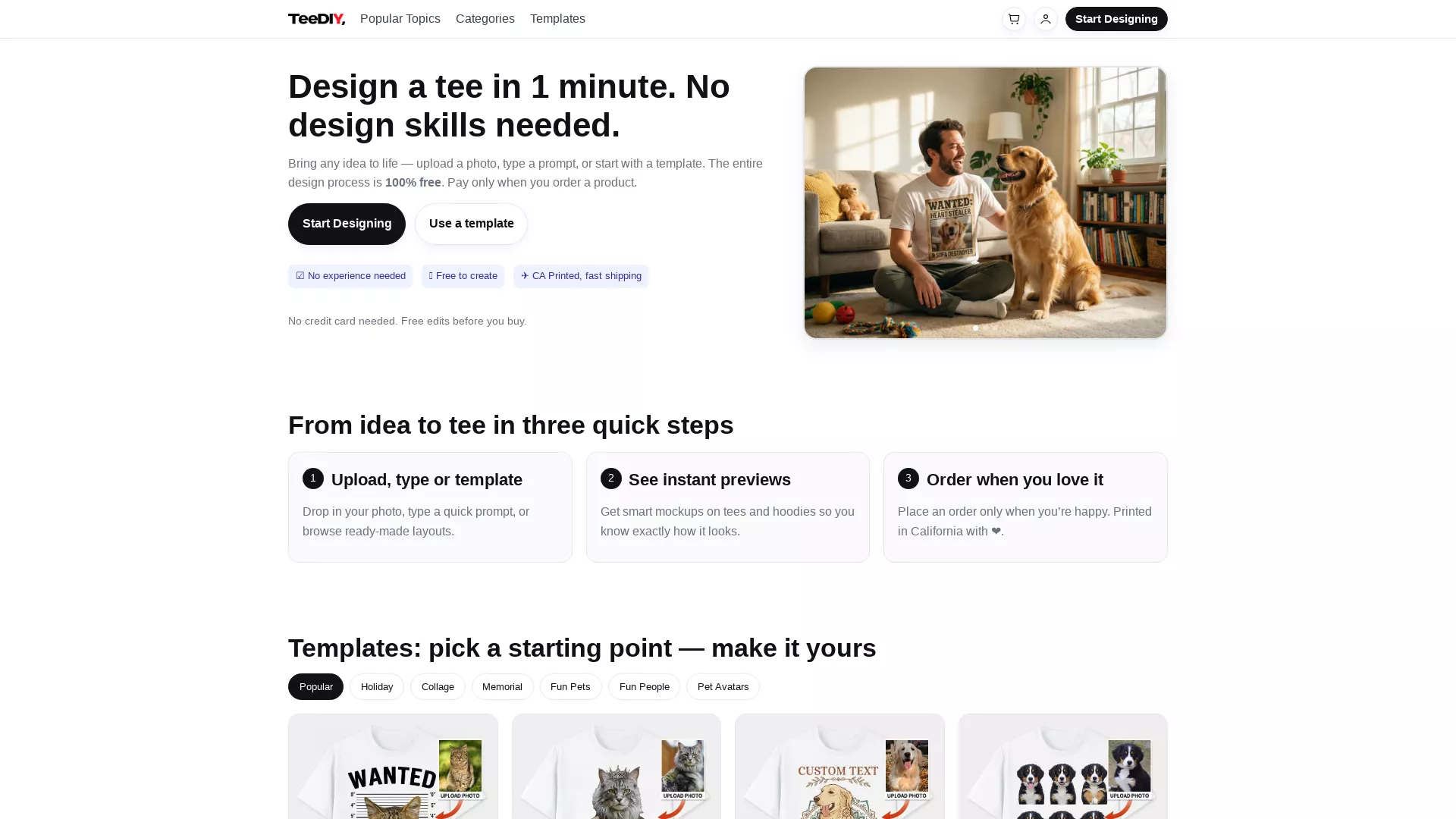 TeeDIY - AI Custom Product Design Website Screenshot