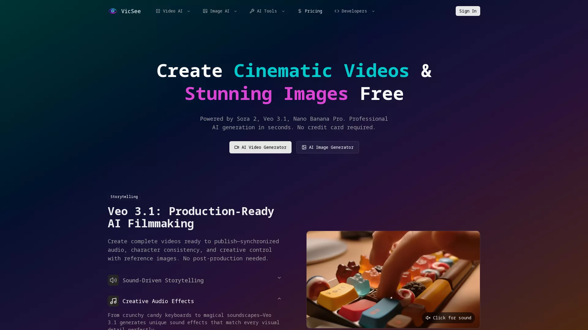 VicSee - AI Content Creation Platform Website Screenshot