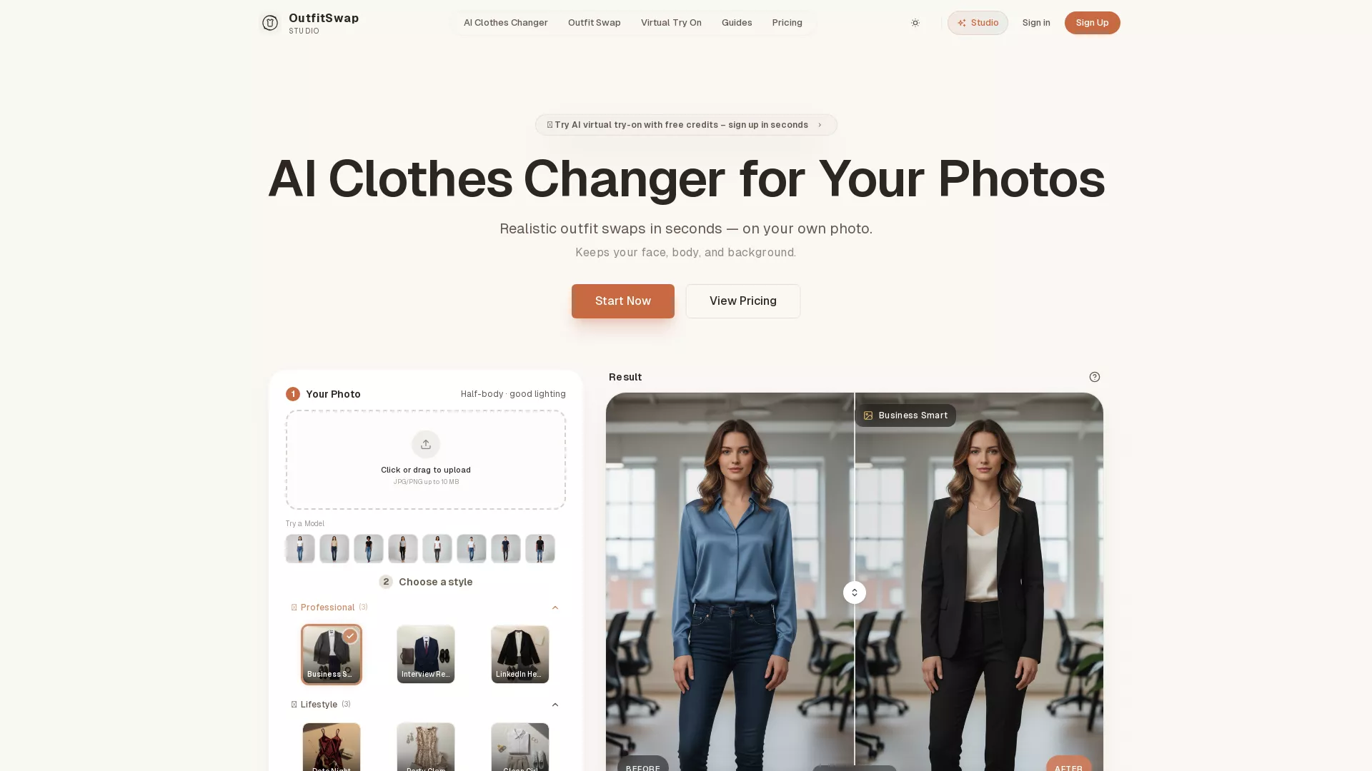 OutfitSwapStudio - AI Virtual Wardrobe Tryon Website Screenshot