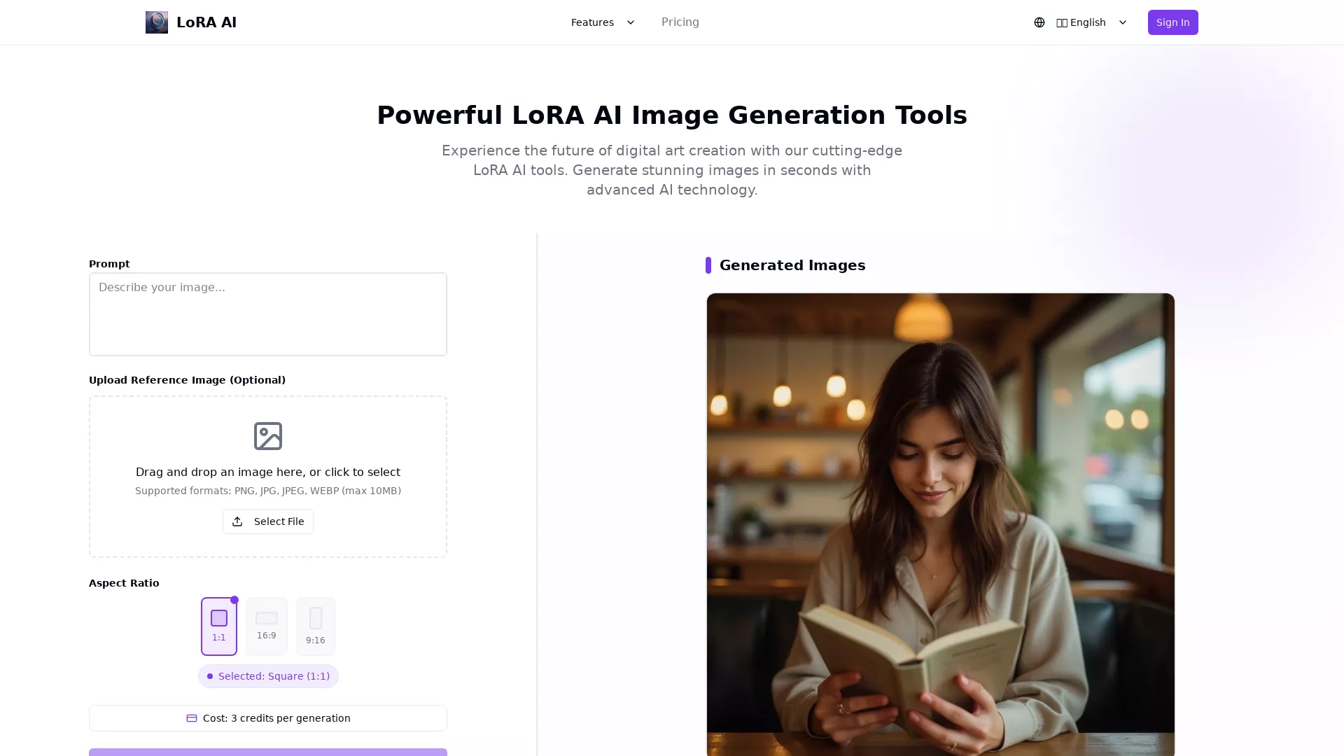 LoraAIMe - AI Image Generation Tool Website Screenshot