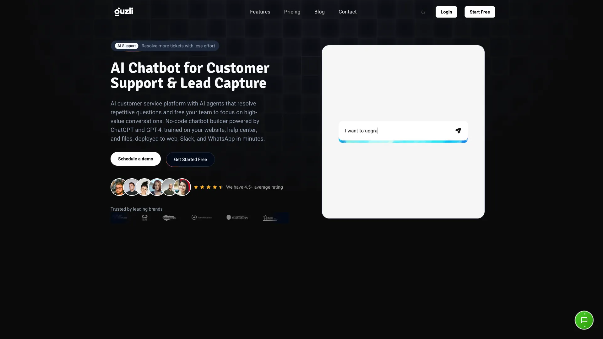 Guzli - AI Customer Support Chatbot Website Screenshot