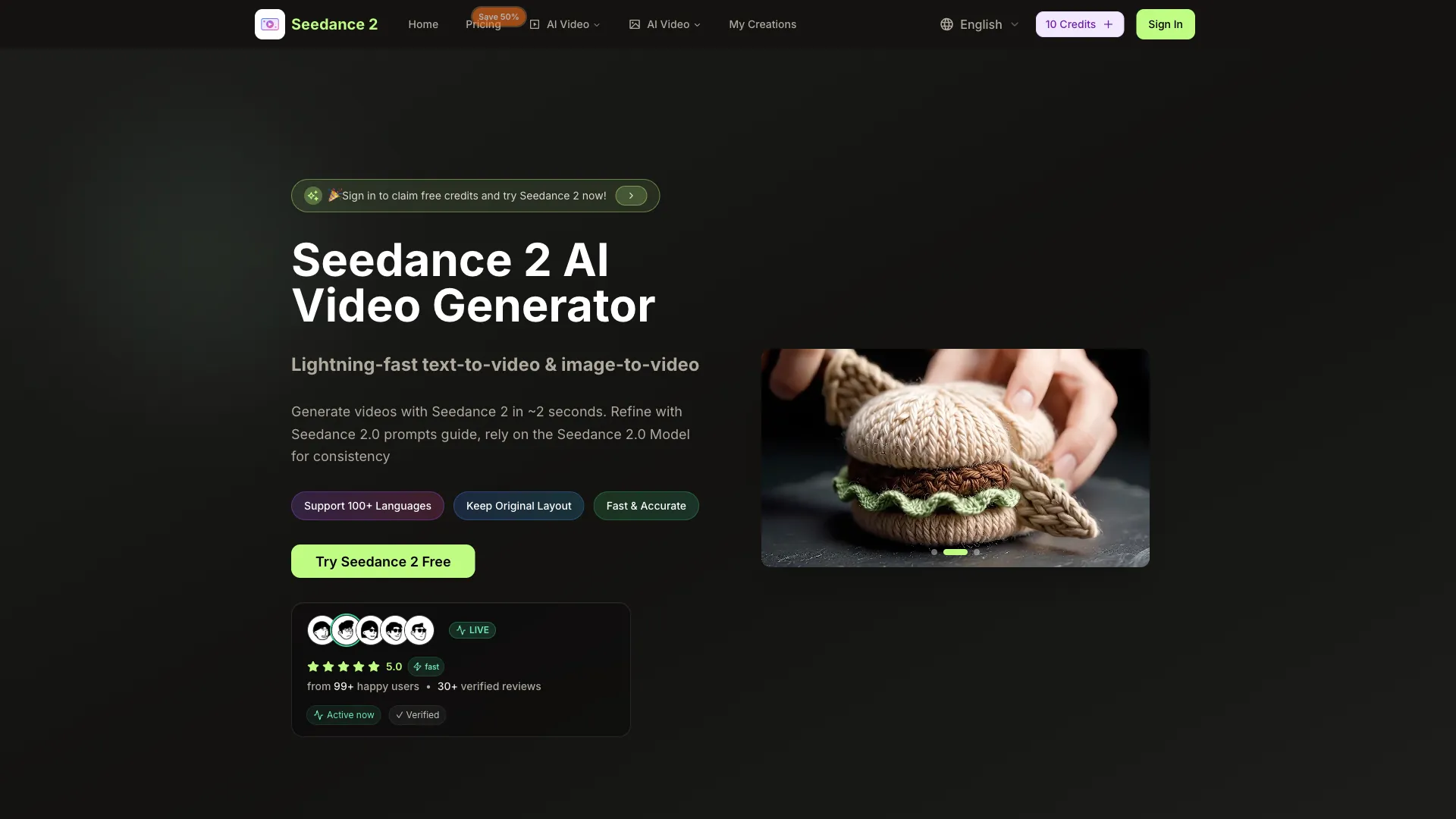 Seedance2 - AI Video Generation Tool Website Screenshot