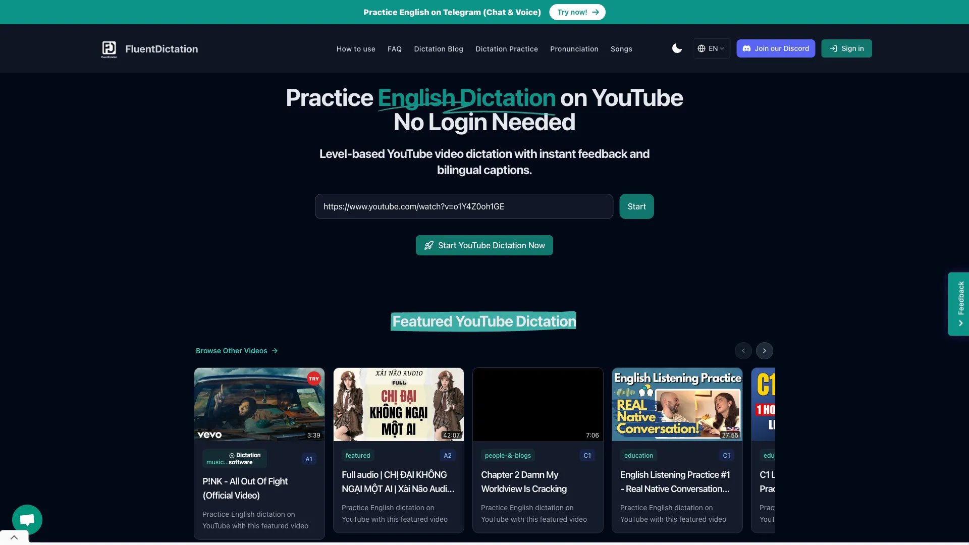 FluentDictation - Language Learning AI Website Screenshot