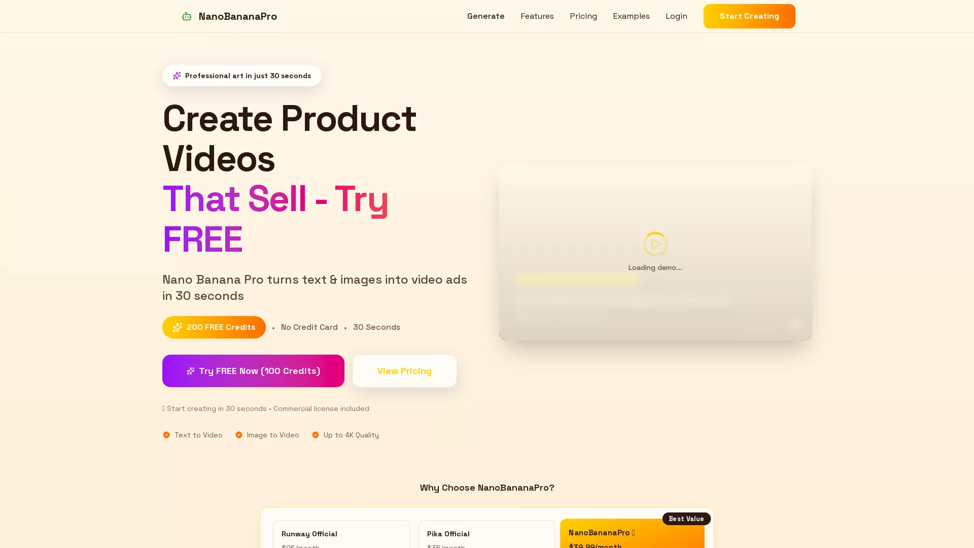 Nano Banana Pro - AI Video Generation Platform Website Screenshot