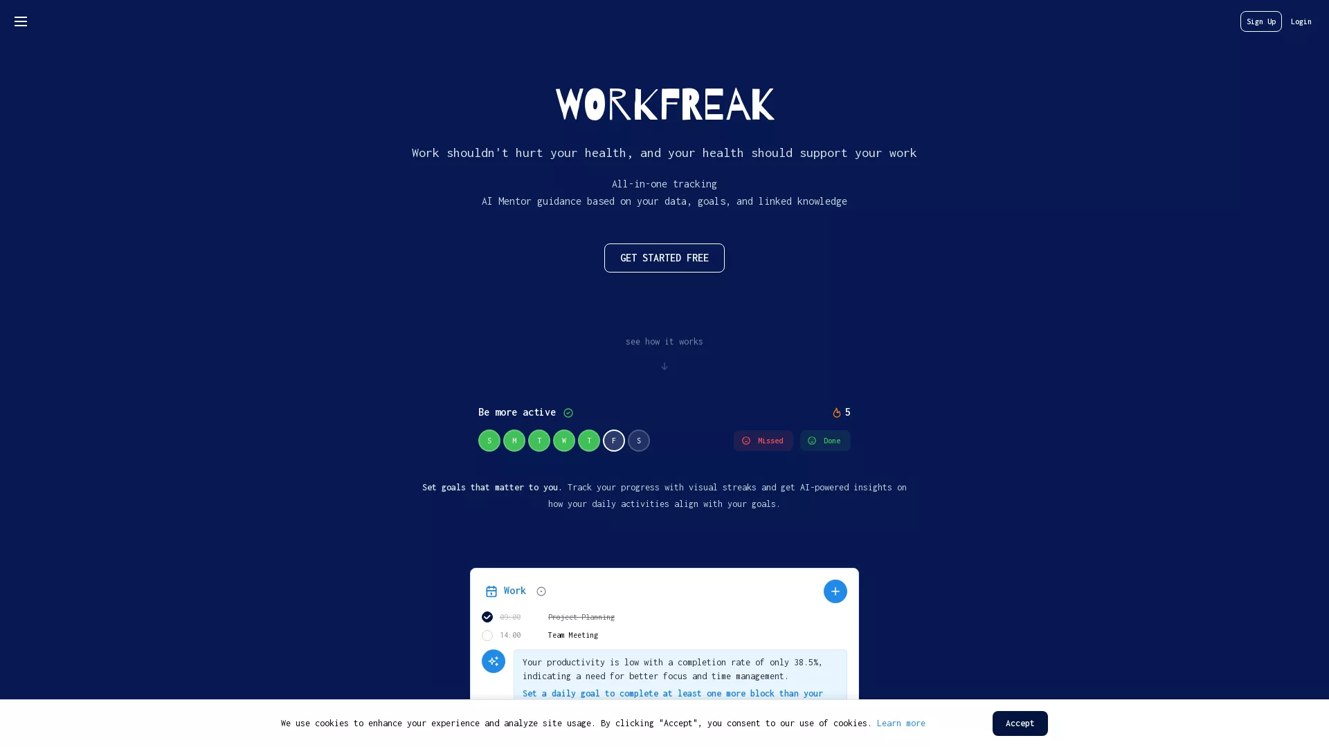 WorkFreak - AI Tracking App Website Screenshot