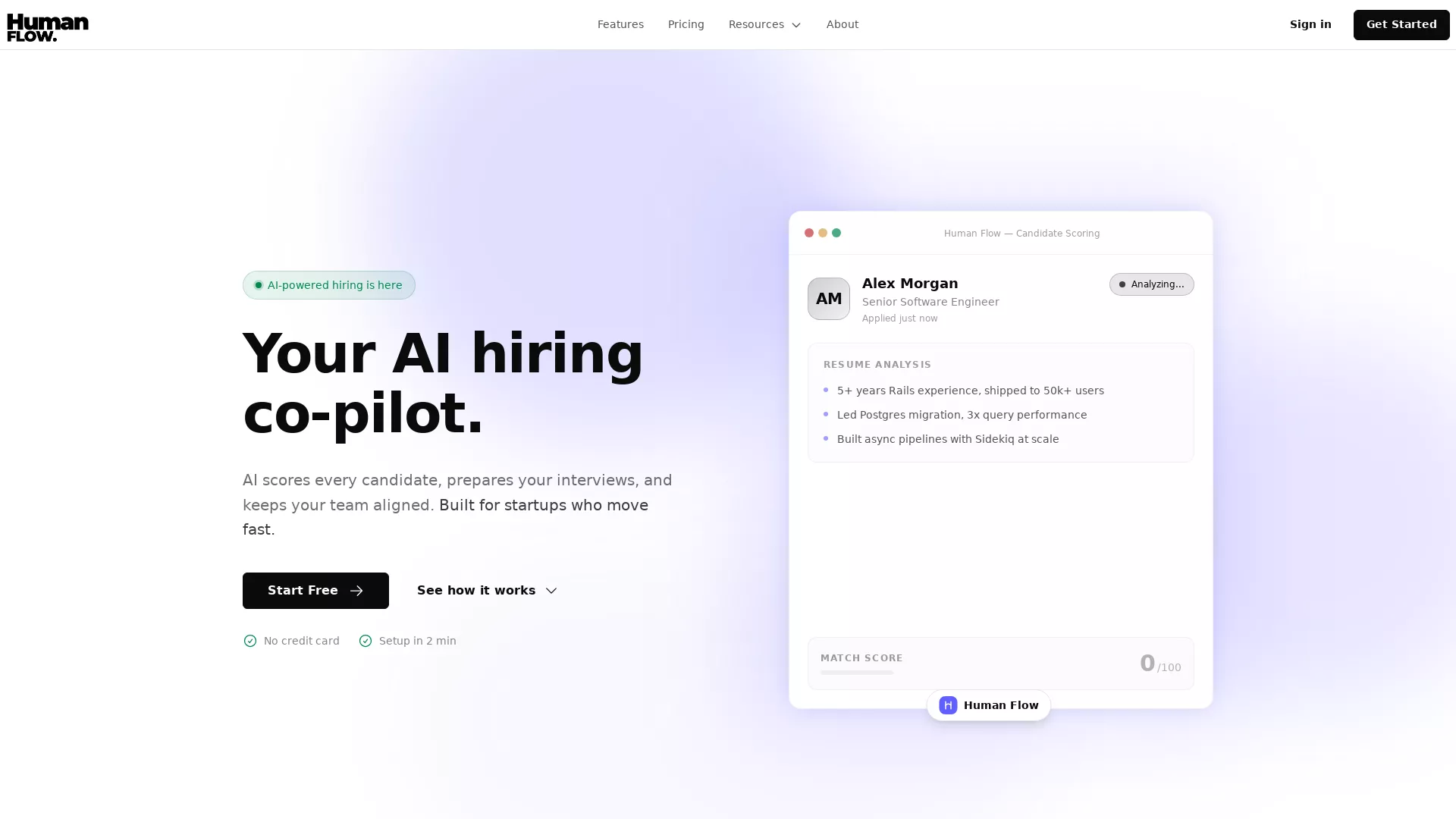 HumanFlow - AI Hiring Co-Pilot Website Screenshot