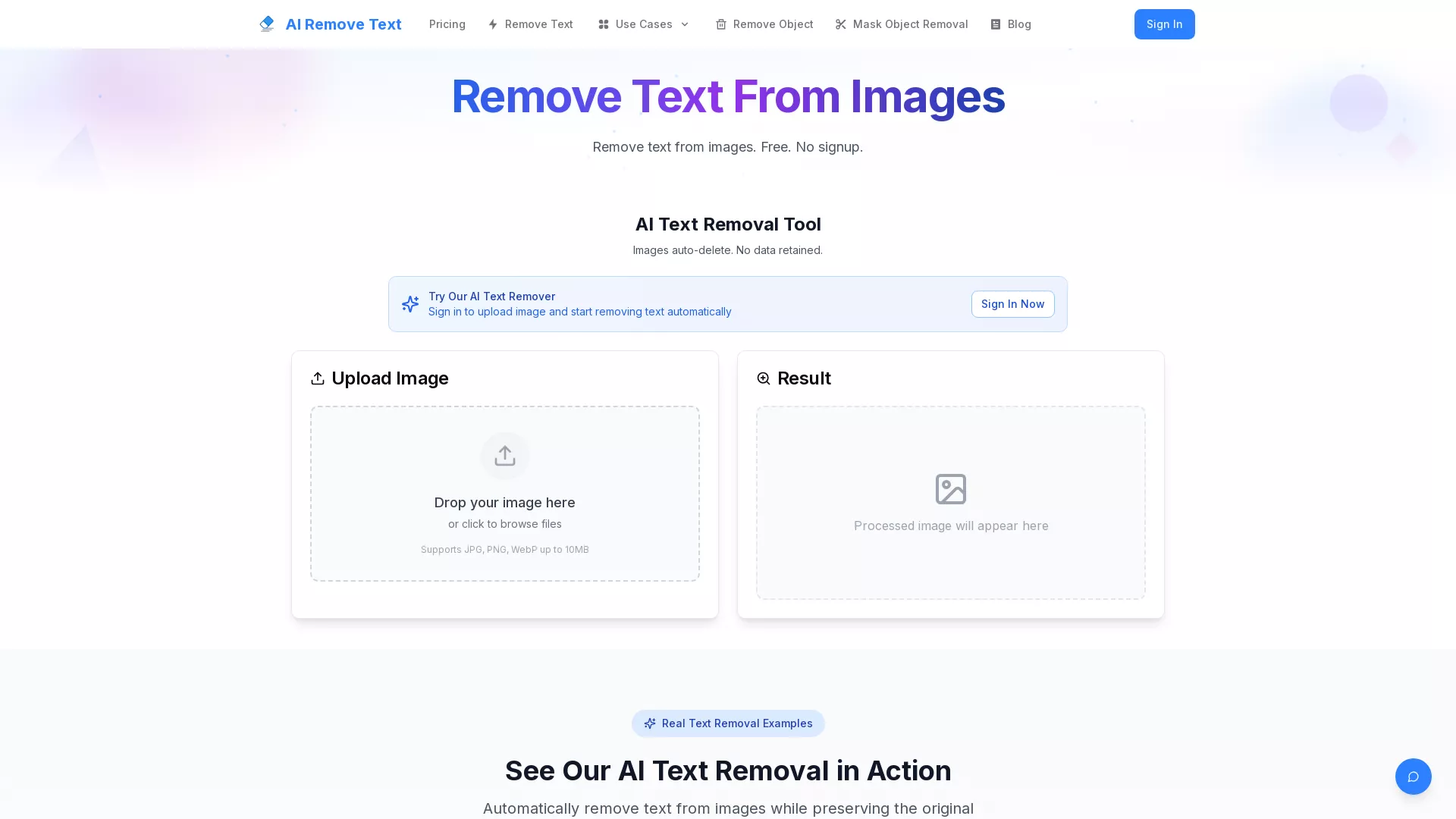 RemoveText - Image Text Removal Tool Website Screenshot