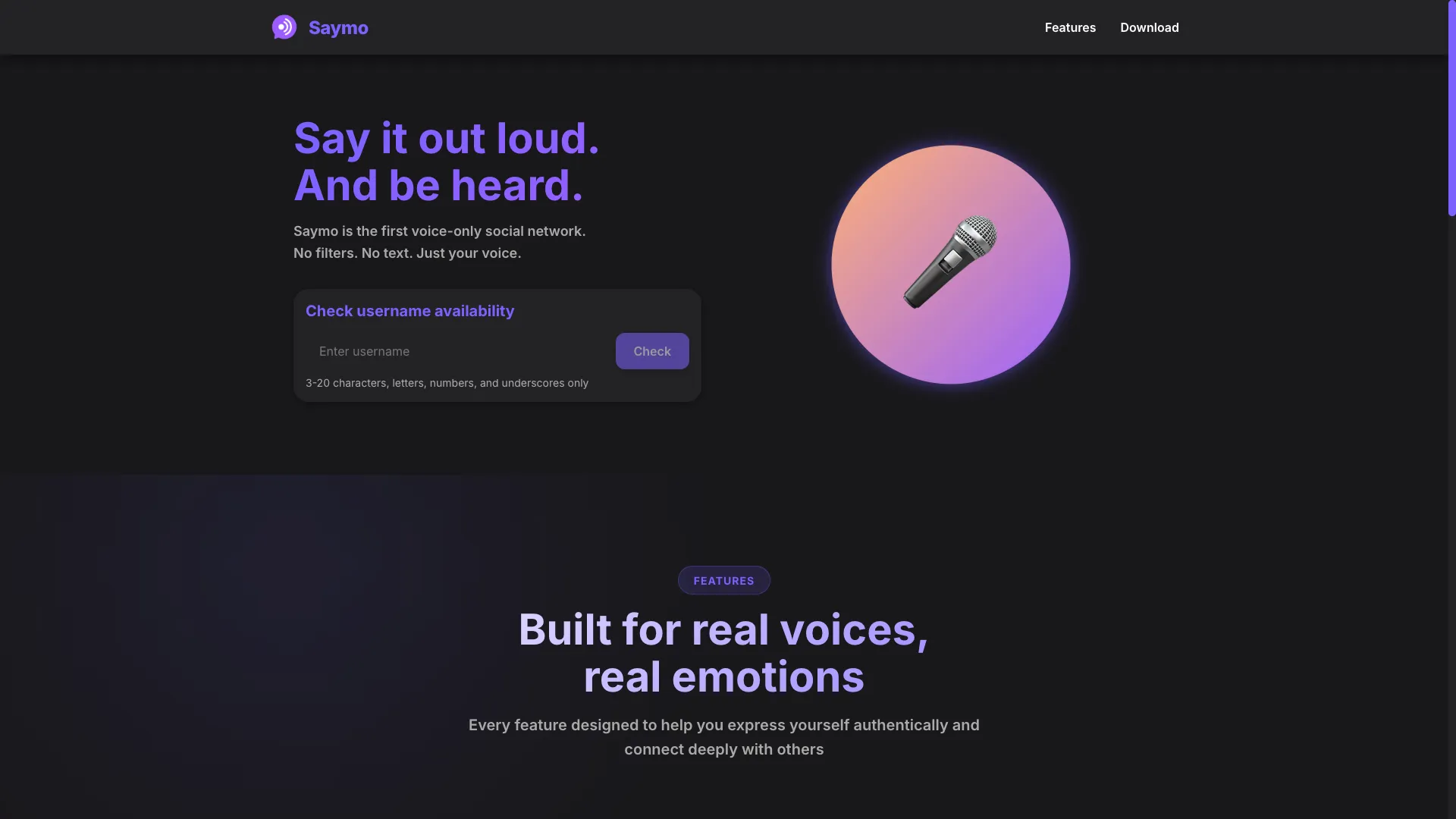 Saymo - AI Audio Social Network Website Screenshot
