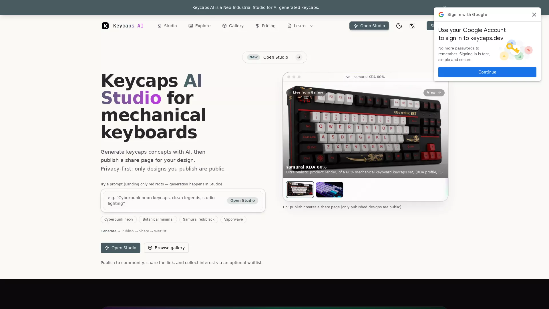 KeycapsAI - AI Keycap Design Studio Website Screenshot