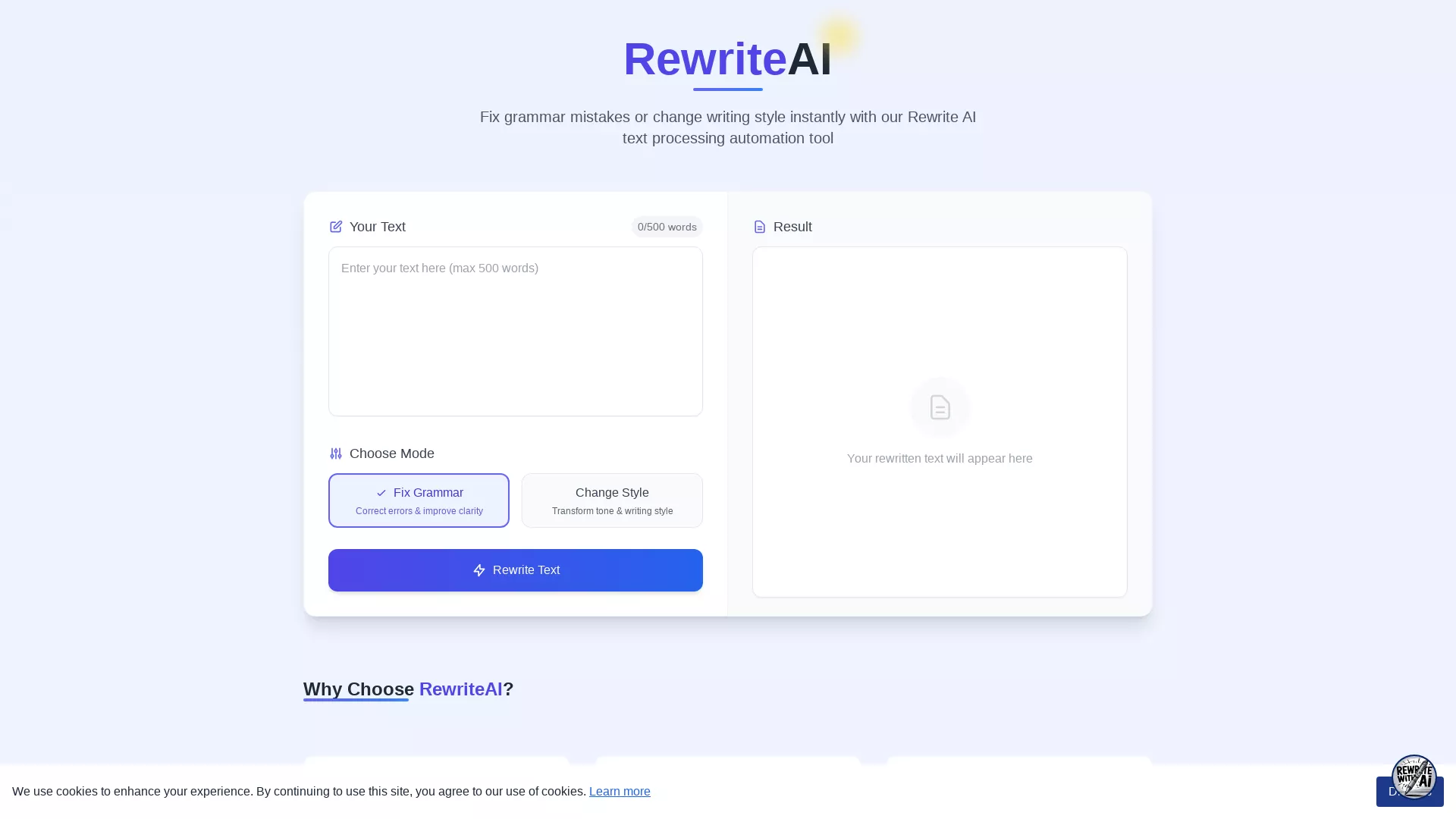 Rewrite AI - Free AI Grammar Fixer Website Screenshot