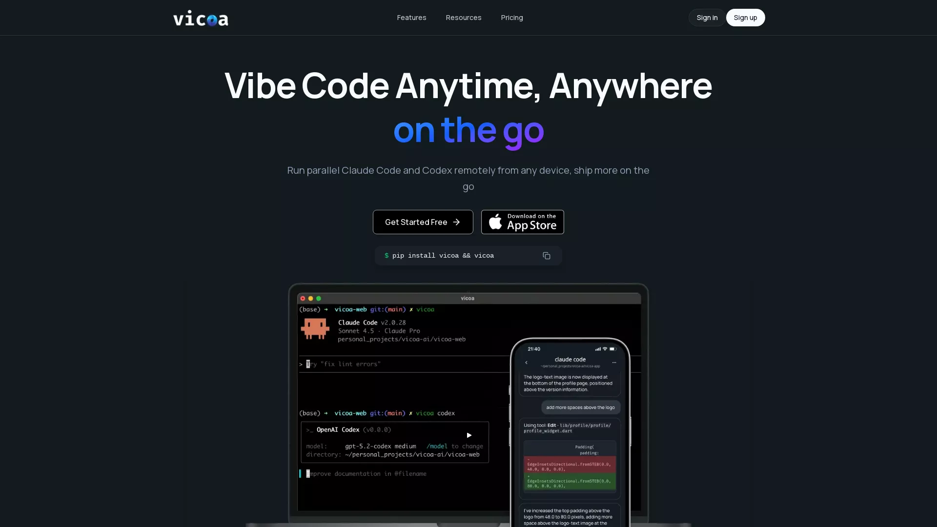 Vicoa - Ai Coding Tool Website Screenshot