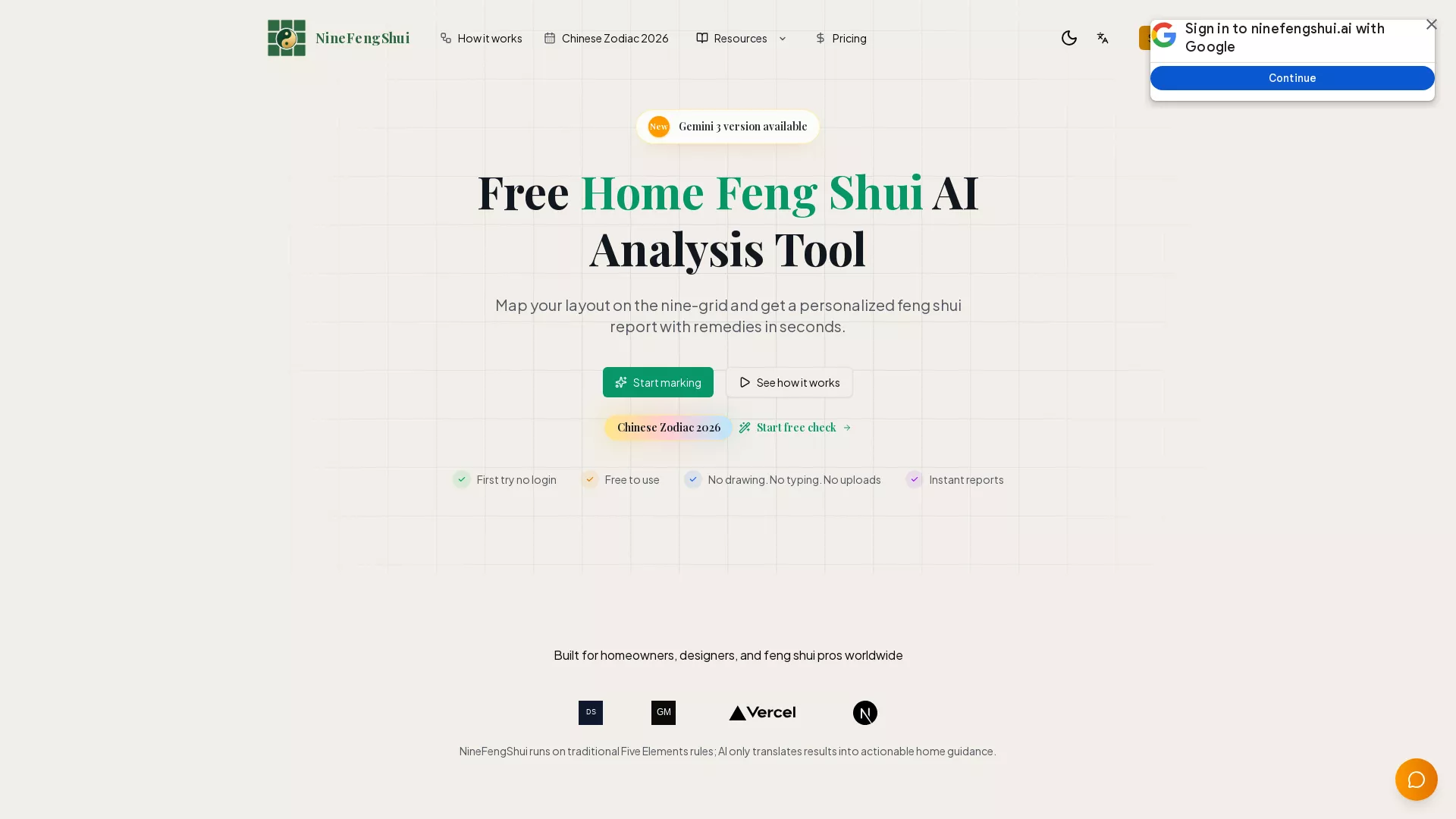 NineFengShui - AI Feng Shui Analysis Website Screenshot