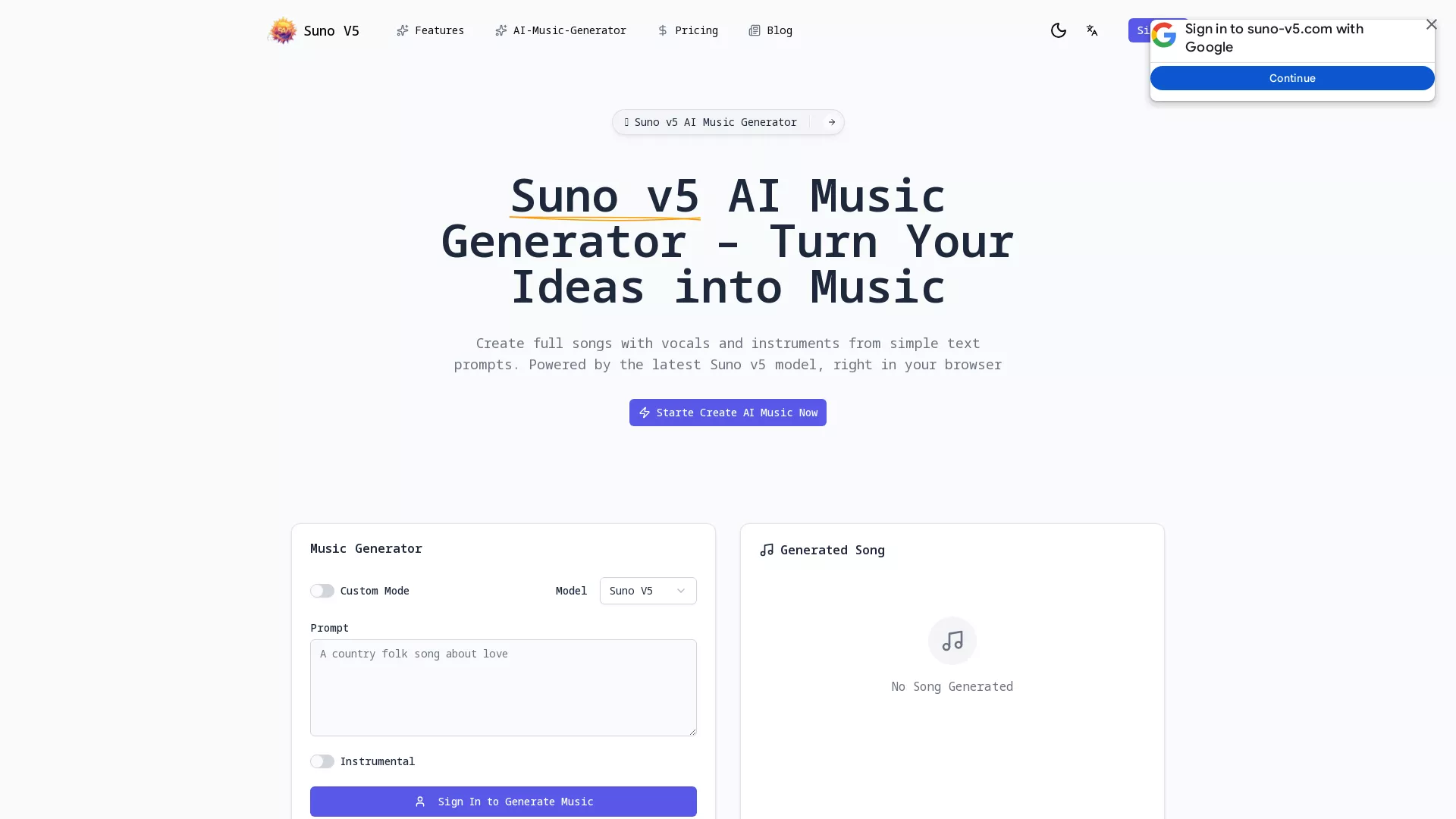 SunoV5 - Suno v5 Music Generator Website Screenshot
