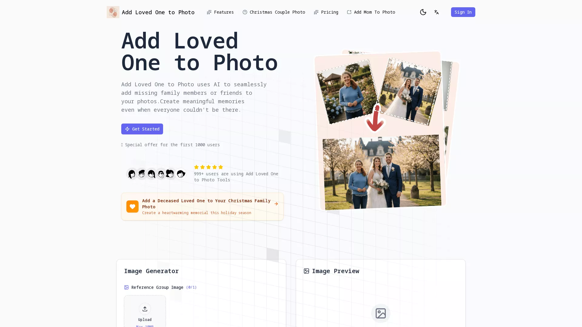 AddLovedOnToPhoto - AI Family Photo Editor Website Screenshot