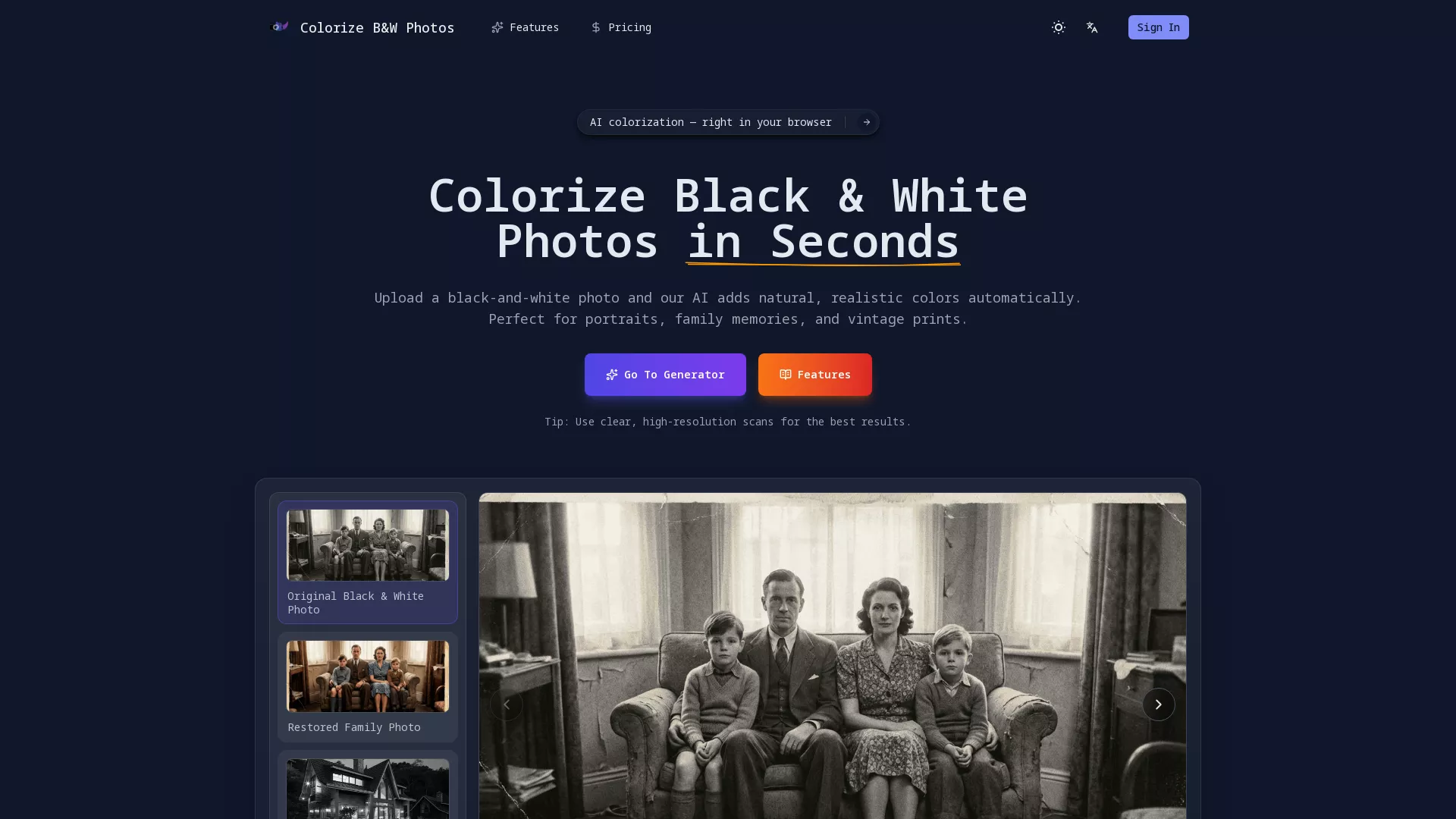 ColorizeBlackAndWhitePhotos - Image Colorization AI Website Screenshot