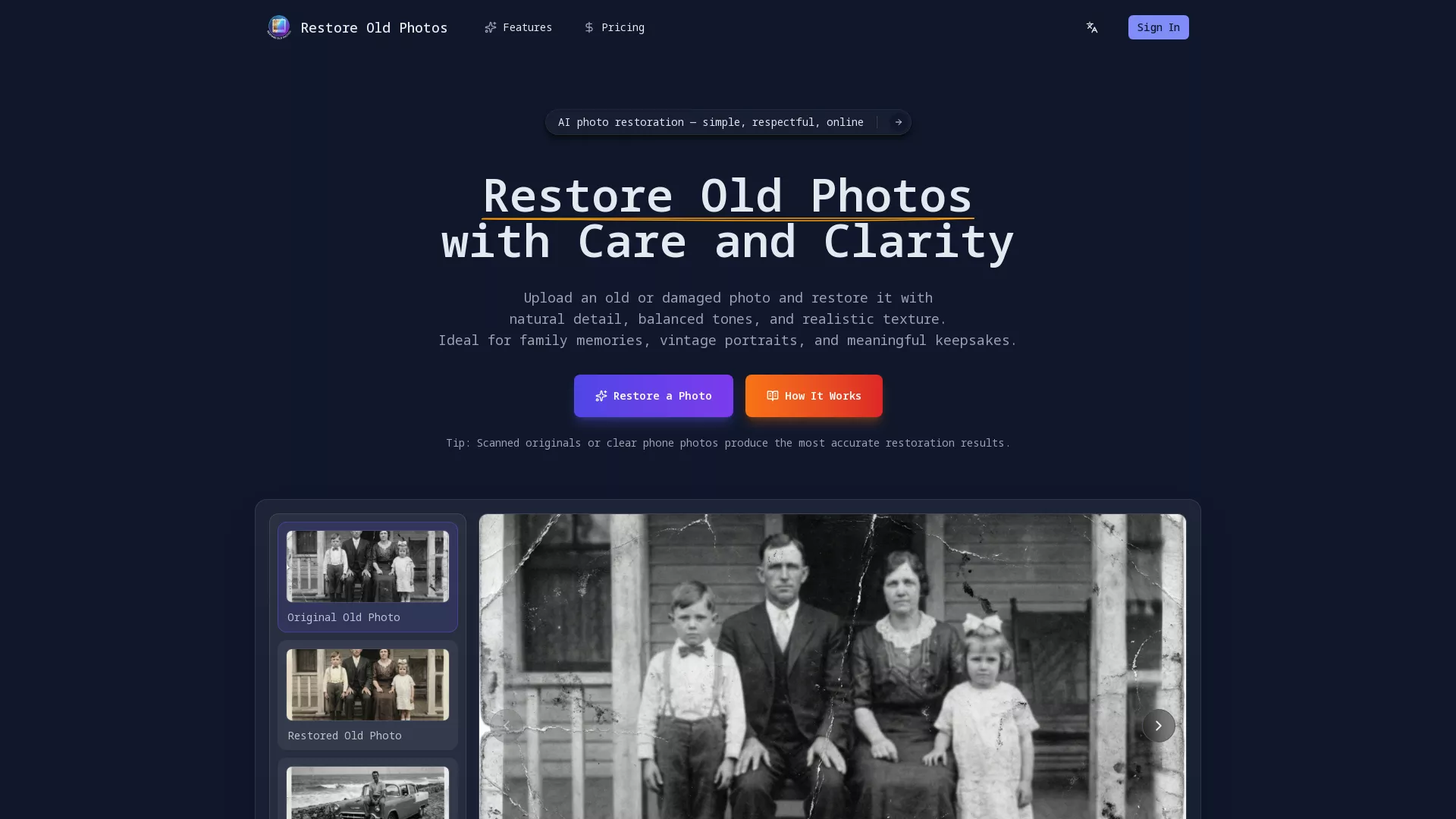 RestoreOldPhotos - AI Photo Restoration Website Screenshot