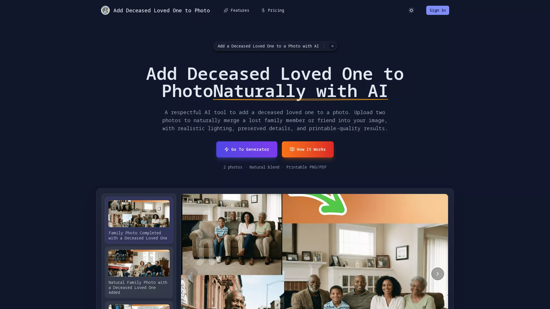 AddDeceasedLovedOneToPhoto - Photo Editing Tool Website Screenshot