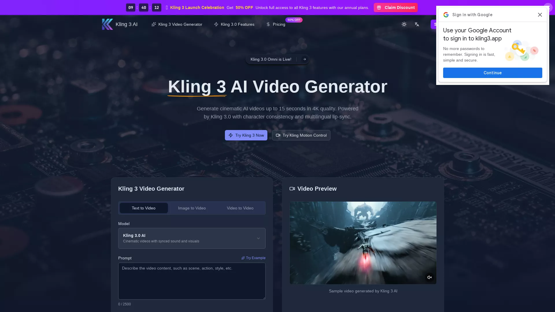 Kling 3.0 AI - AI Text to Videos Tool Website Screenshot