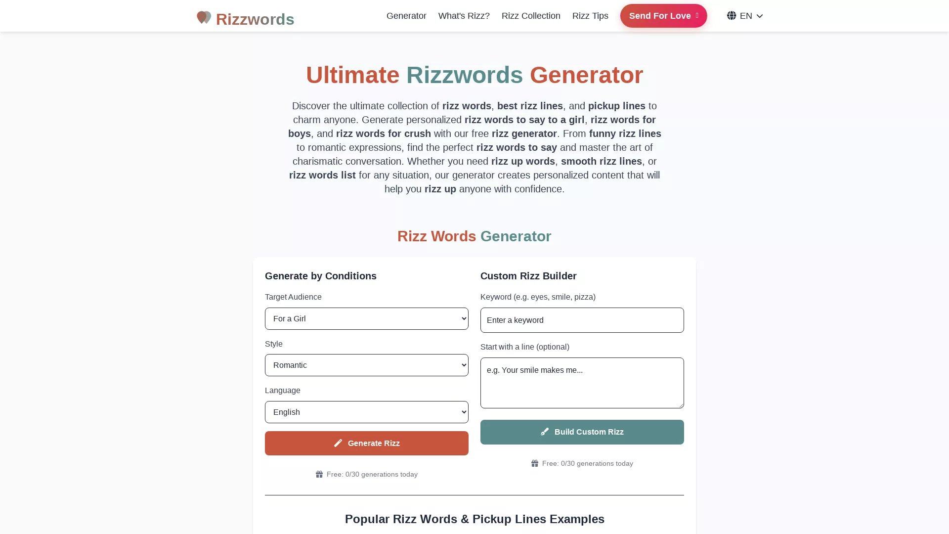 RizzWords - AI Pickup Lines Generator Website Screenshot