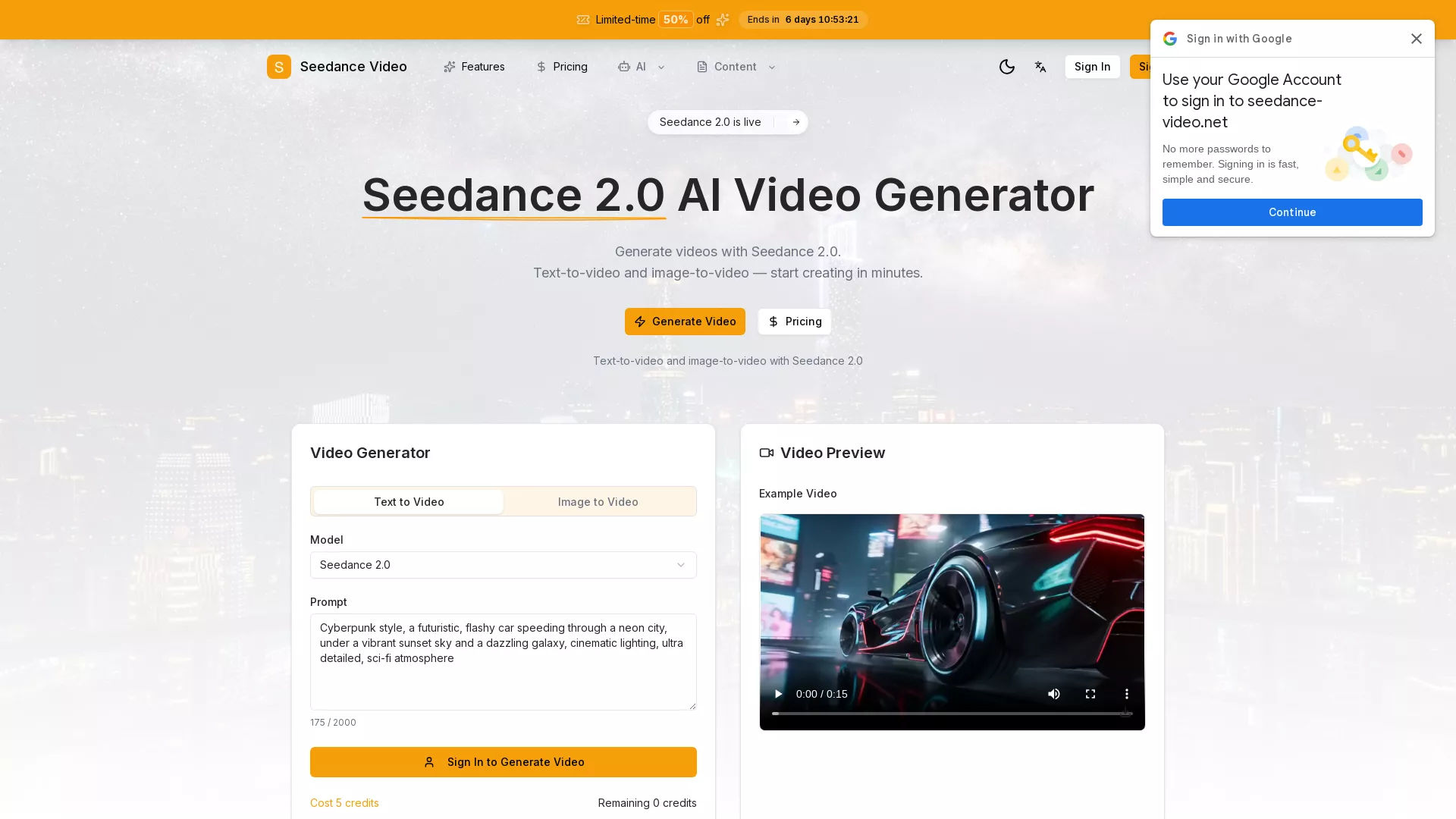 SeedanceVideo - AI Video Generator Website Screenshot