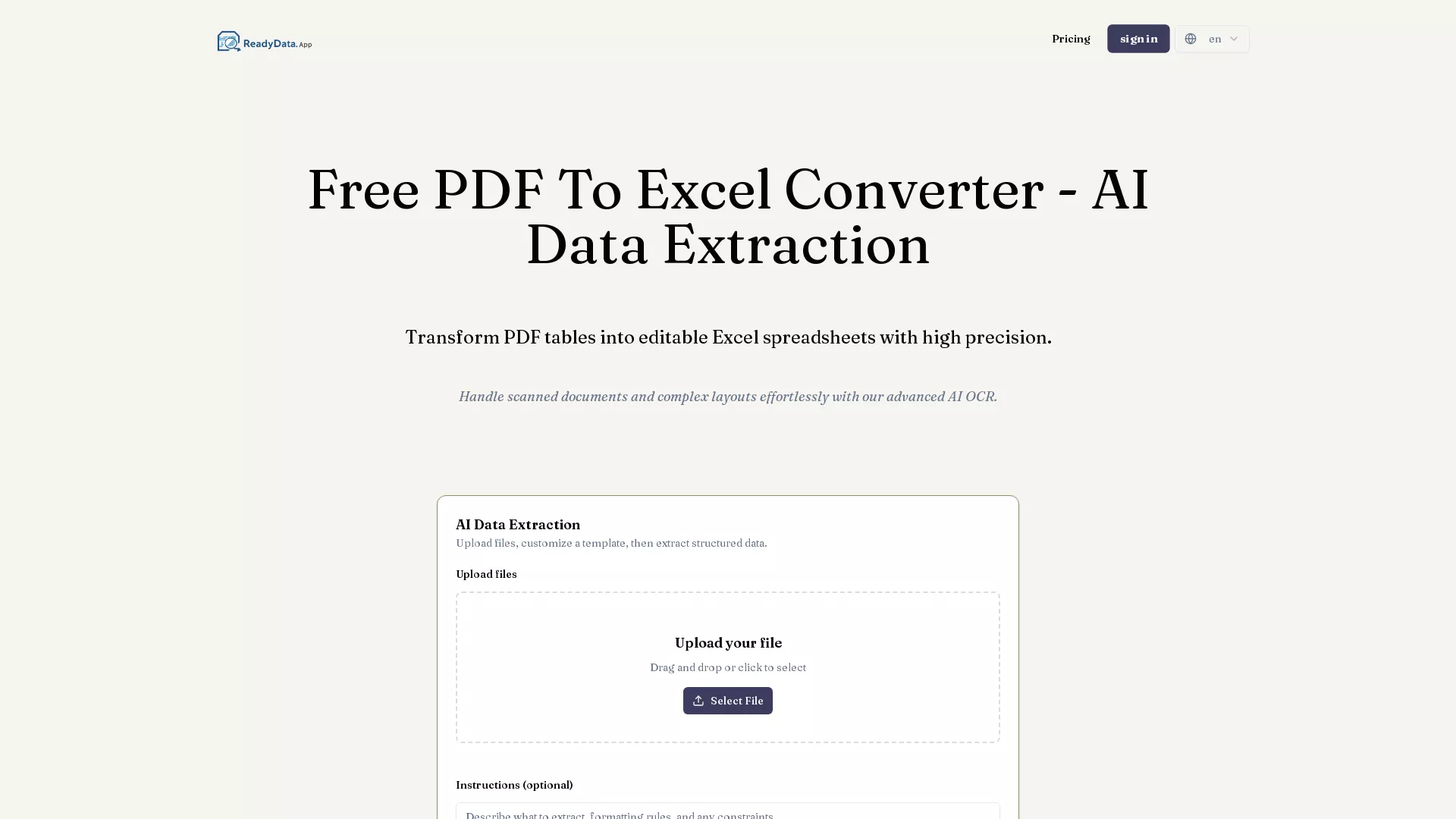ReadyData - AIPDFToExcelConverter Website Screenshot