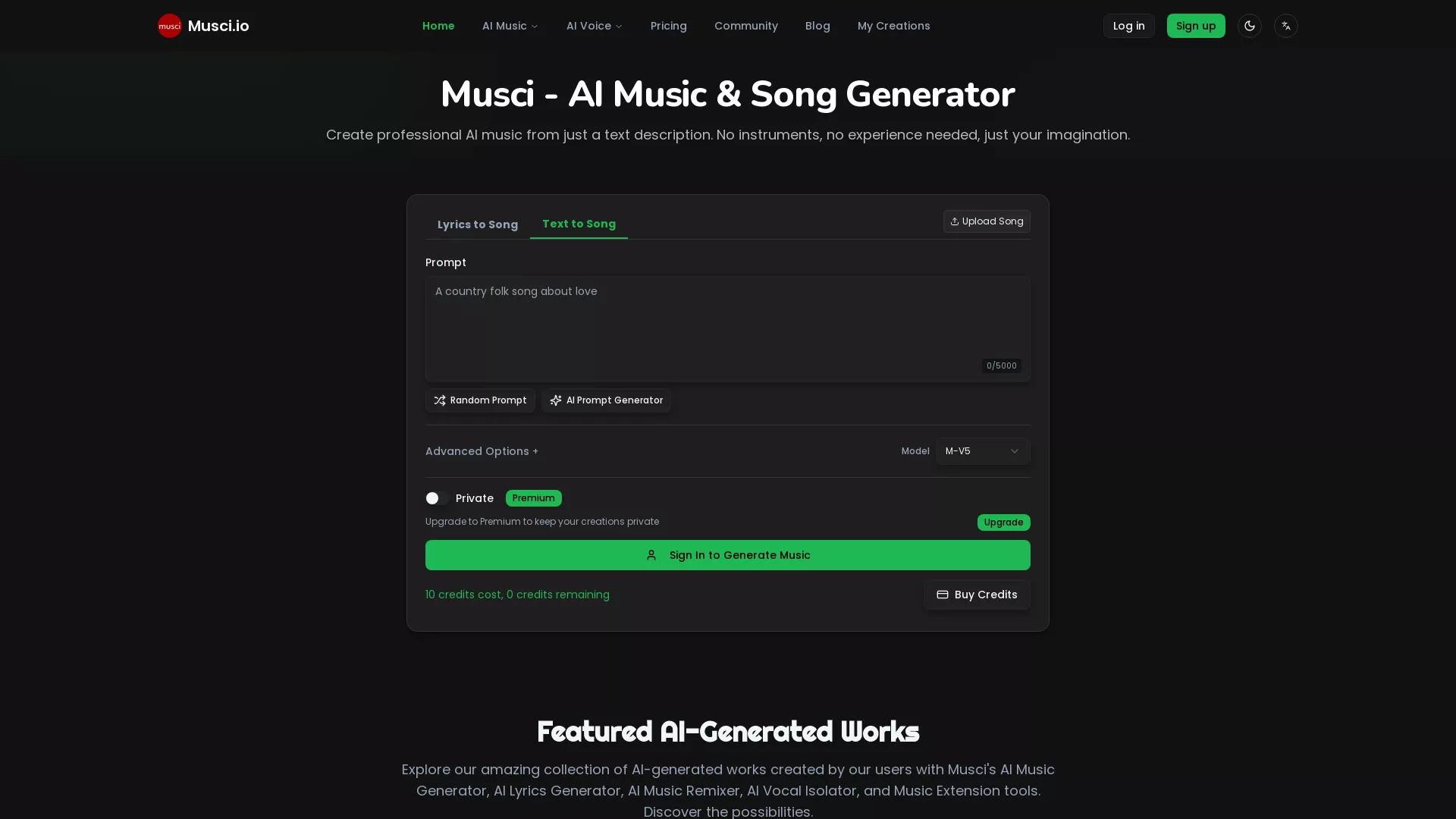 Musci - AI Music Generation Tool Website Screenshot