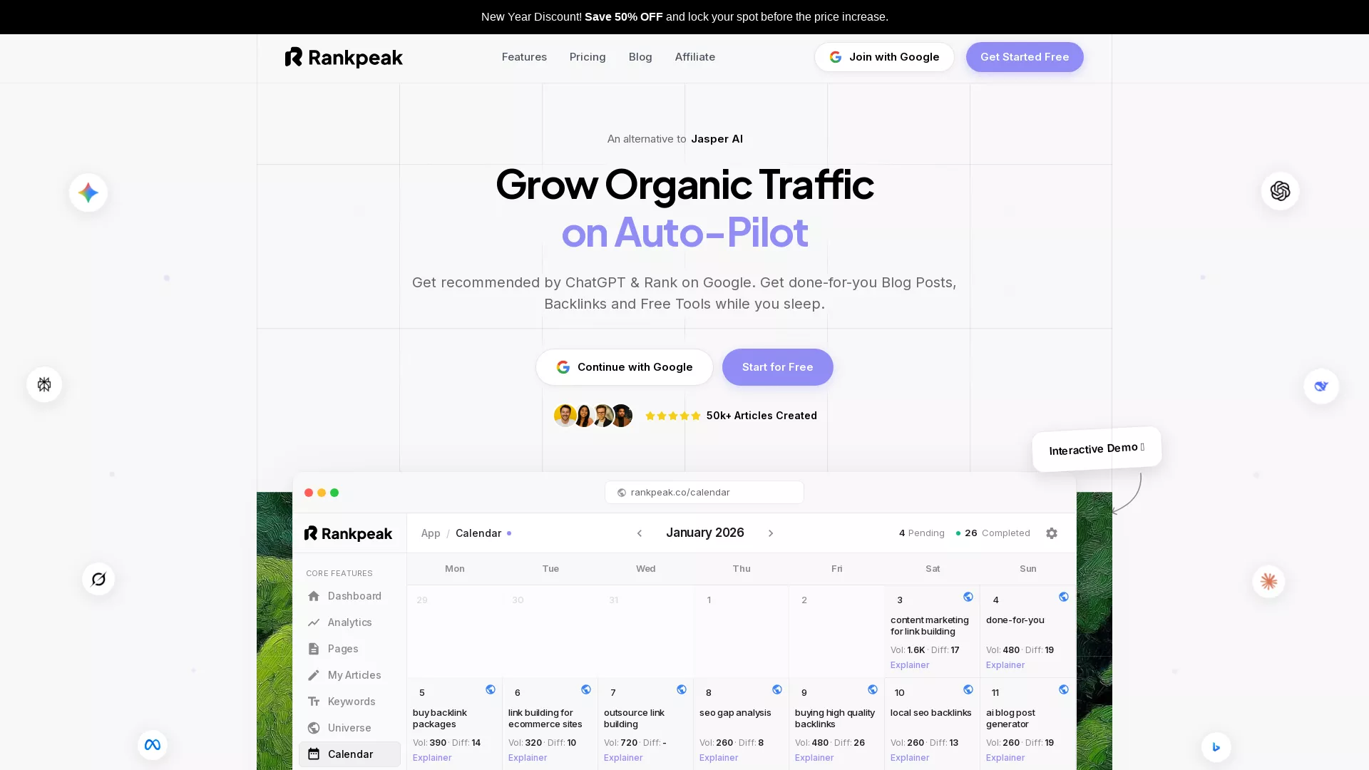 RankPeak - AI SEO Growth Tool Website Screenshot