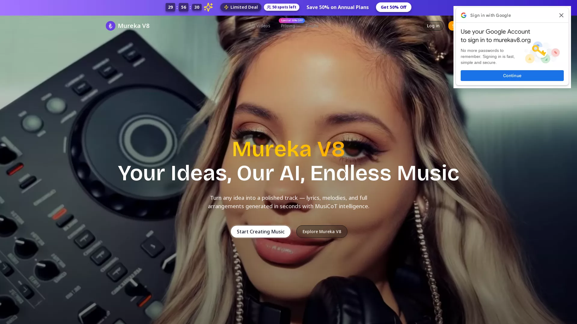 MurekaV8 - AI Music Generation Website Screenshot