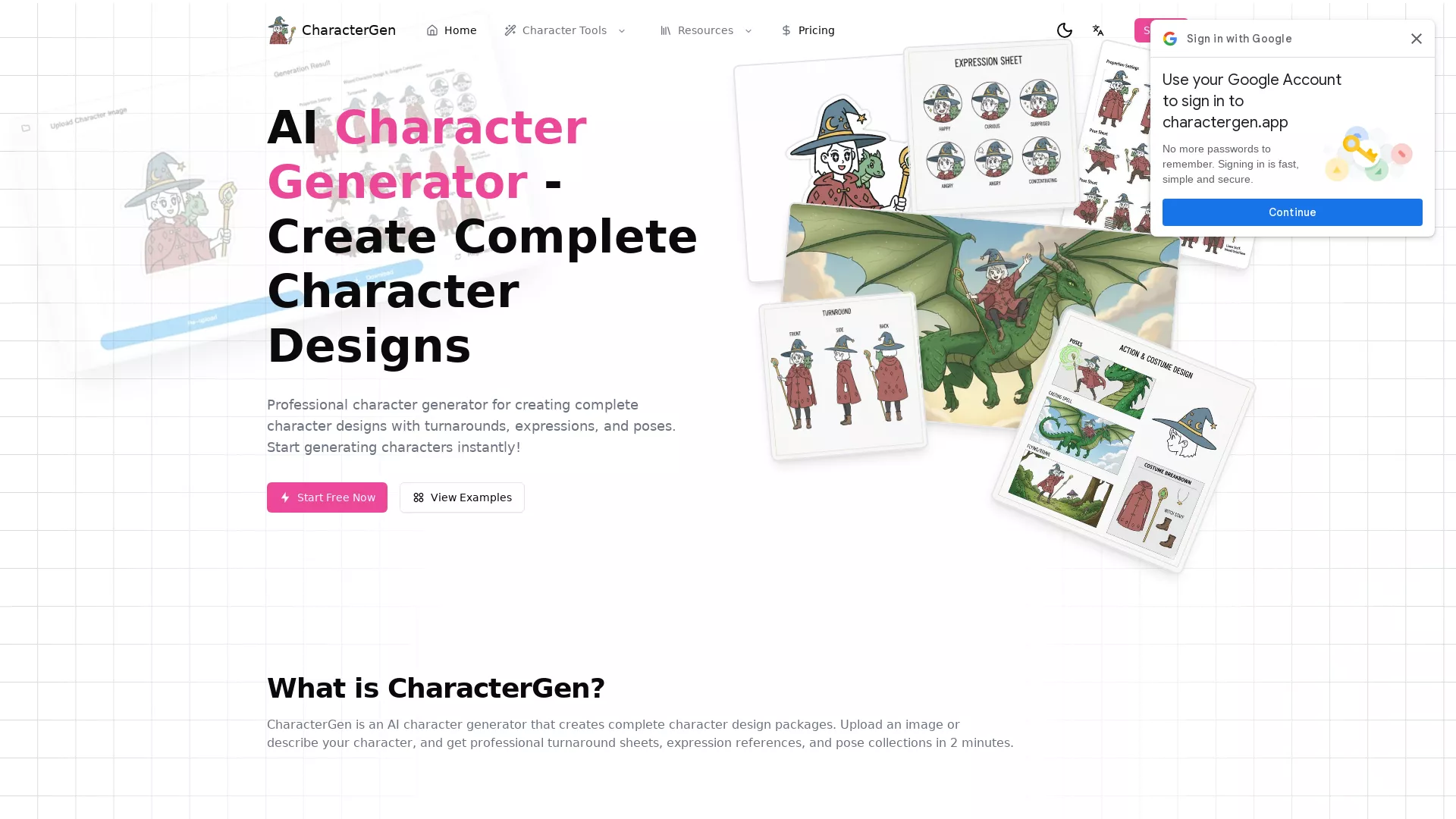 Charactergen - AI Character Design Website Screenshot