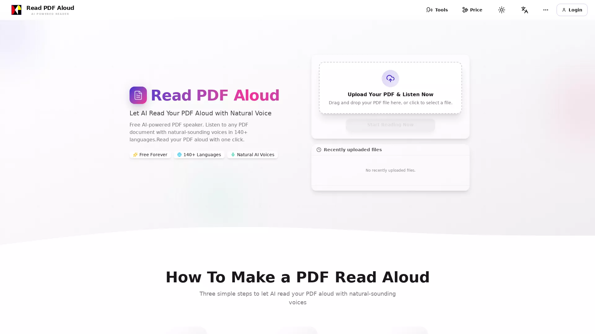 Read PDF Aloud - AI PDF Audio Reader Website Screenshot