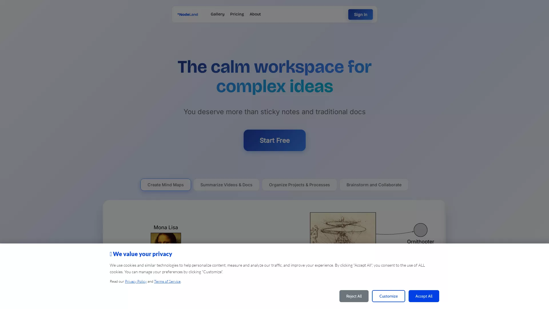 NodeLand - AI Brainstorming Tool Website Screenshot