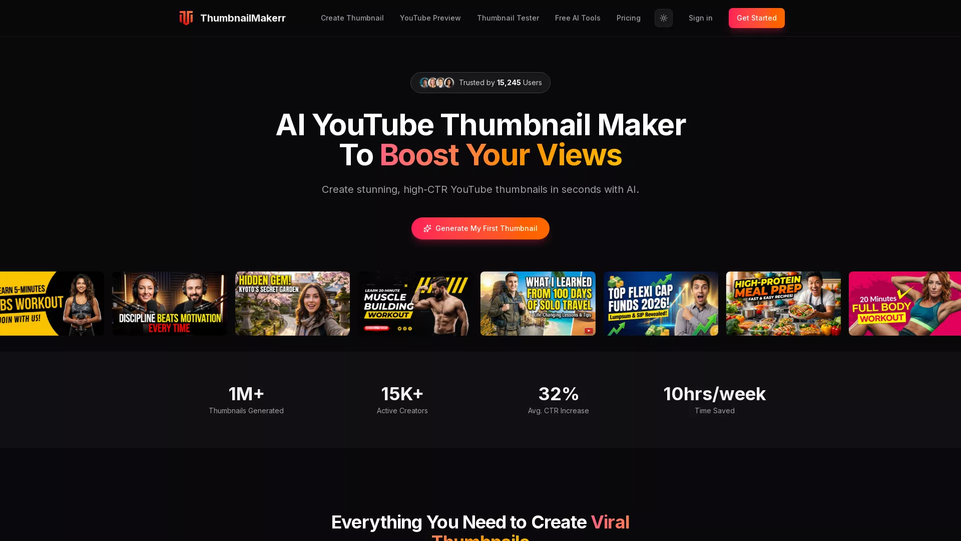 ThumbnailMakerr - AI YouTube Thumbnail Generator Website Screenshot
