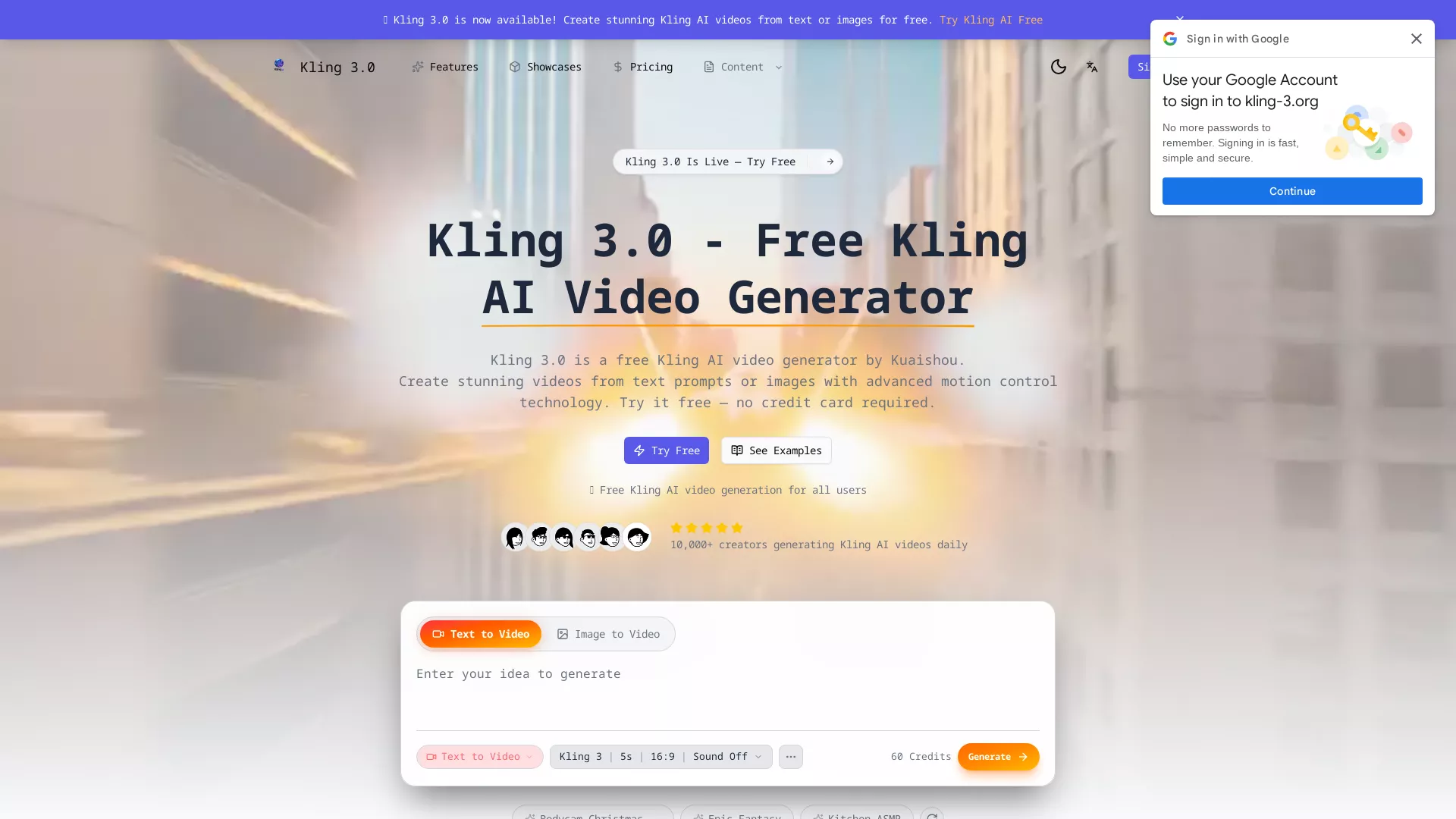 KlingAI - AI Text to Video Generator Website Screenshot
