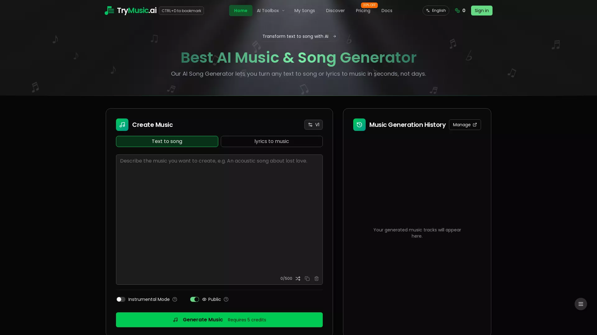 TryMusicAI - AI Music Generator Website Screenshot