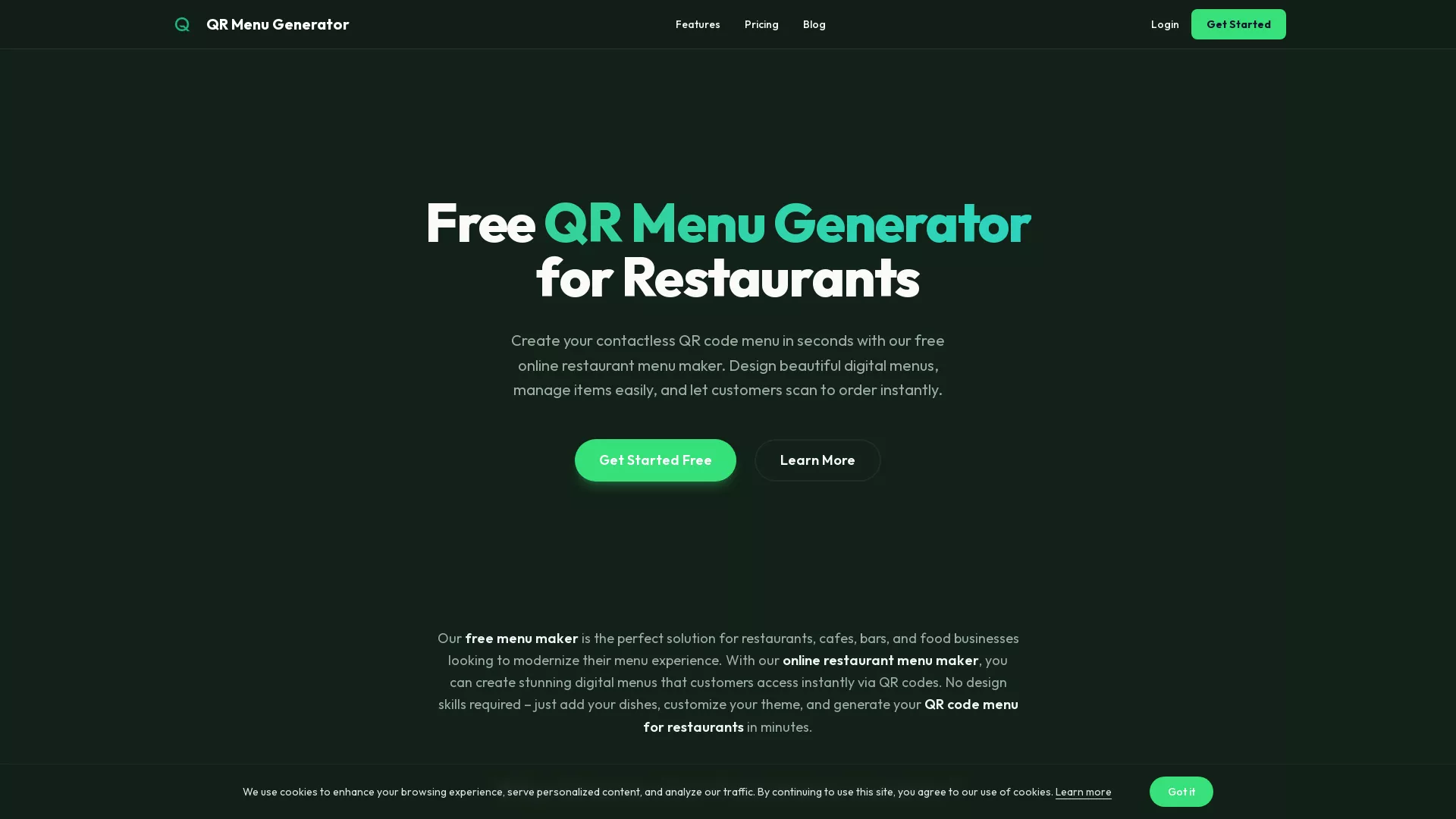 QR Menu Generator - AI Menu Generator Website Screenshot