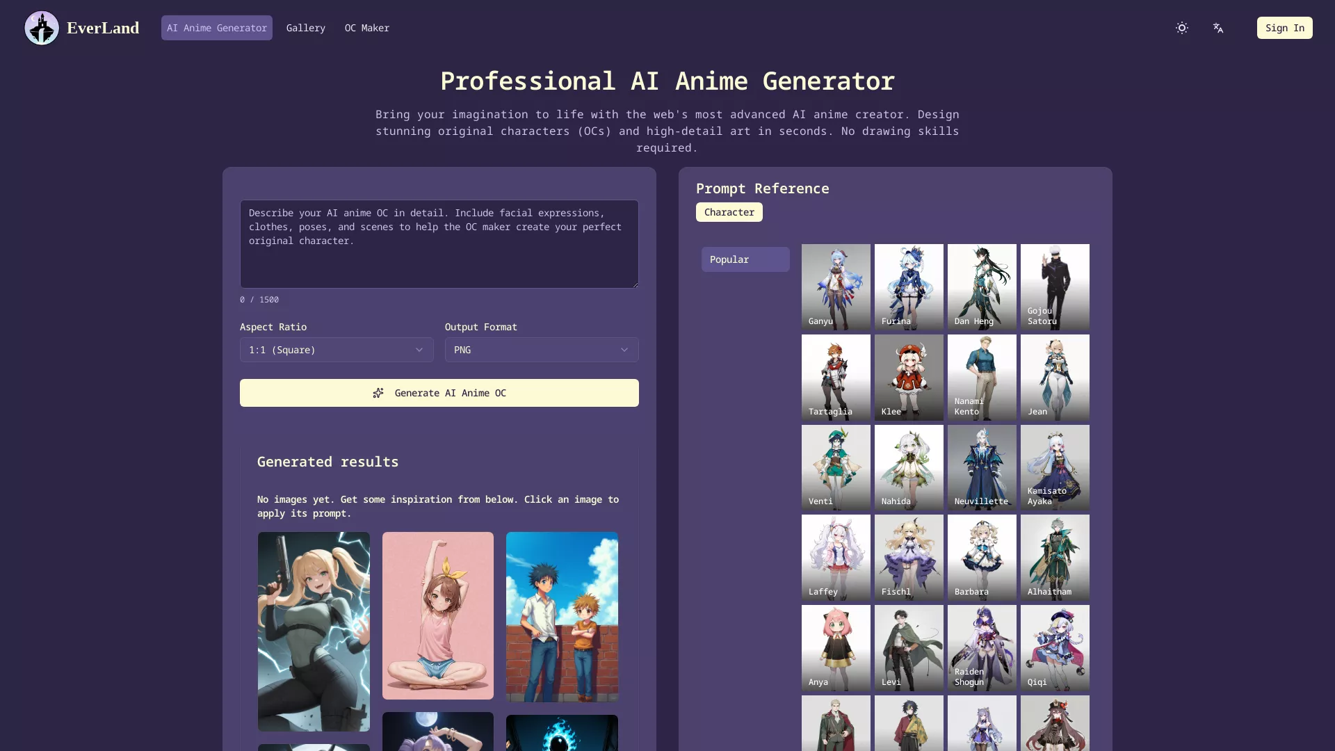 EverLandAIIAnimeOCMaker - AI Anime Creator Website Screenshot