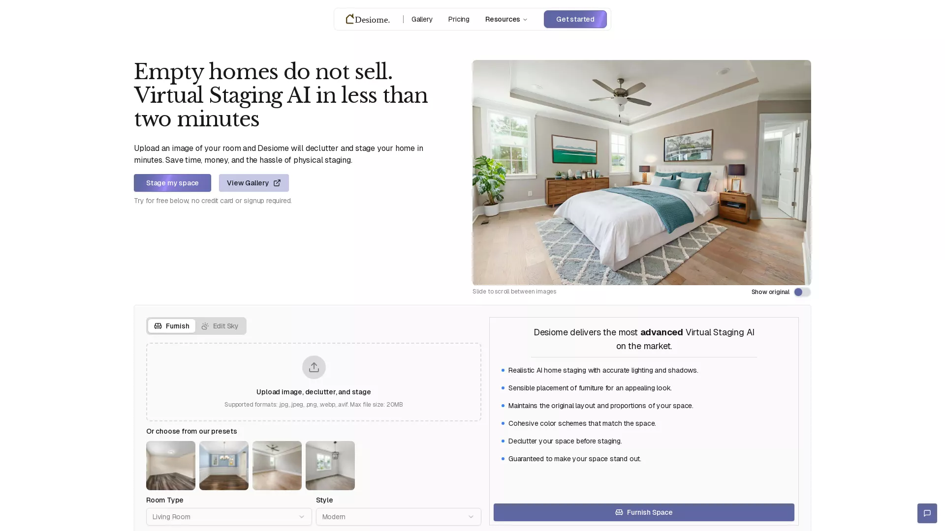 Desiome - AI Virtual Staging Software Website Screenshot
