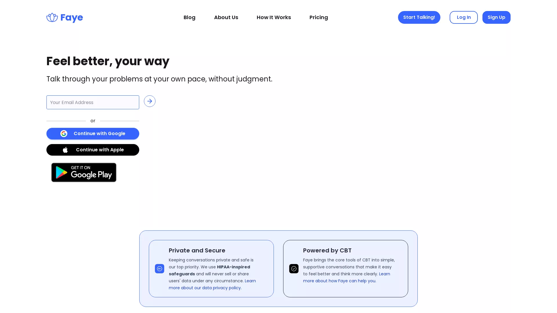 Faye - AI Mental Health Support Website Screenshot