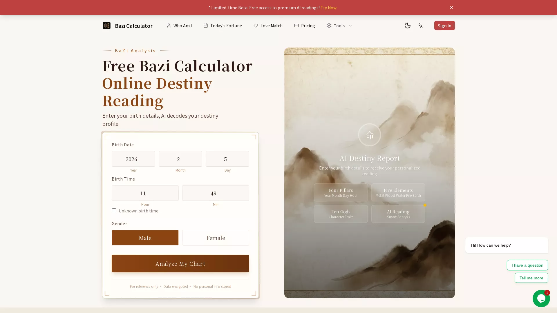 BaziCalculator - AI Chinese Astrology Website Screenshot