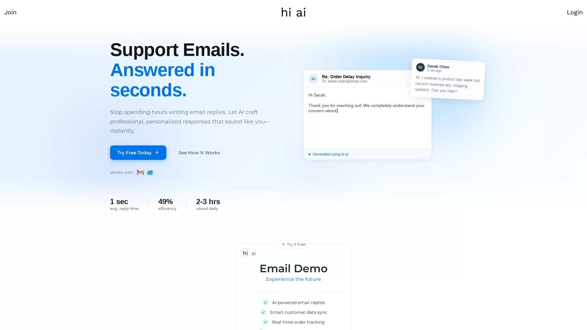 Hi AI - AI Customer Service Email Website Screenshot