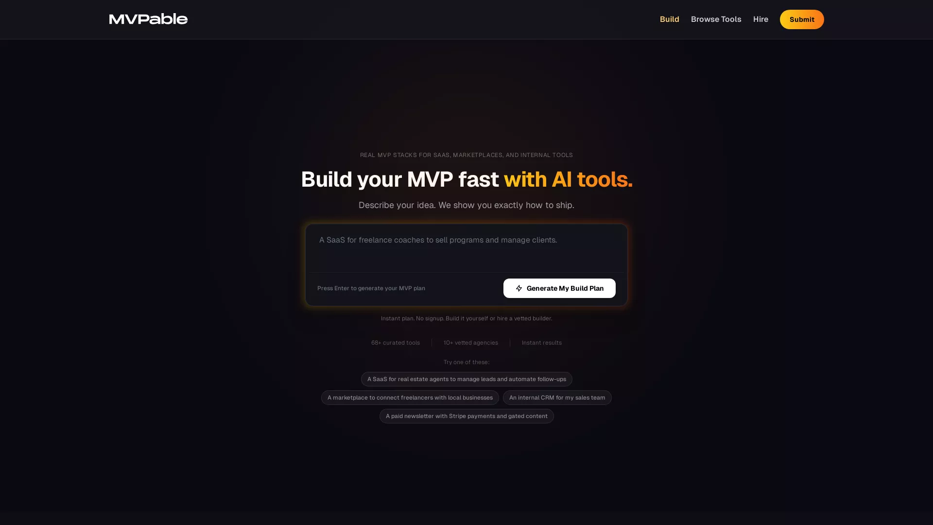 MVPable - AI Planning Tool Website Screenshot