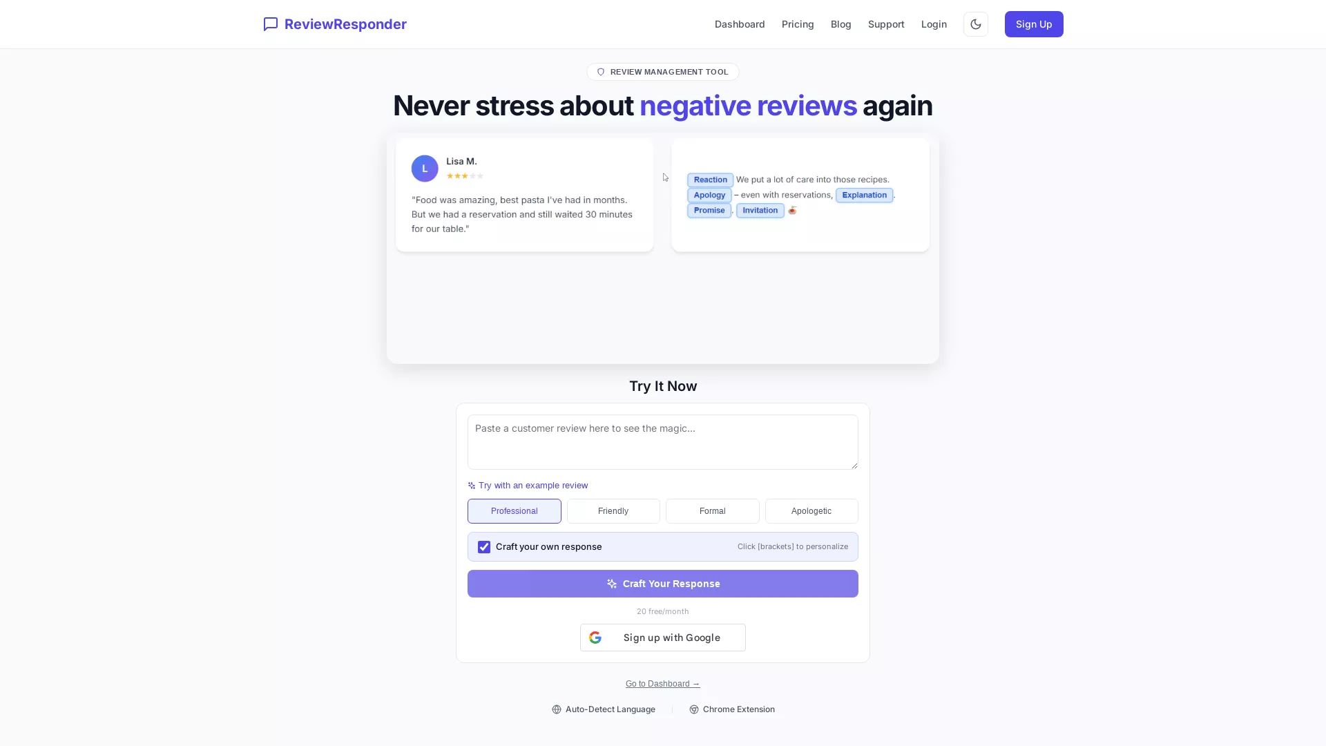 ReviewResponder - Customer Review Response AI Website Screenshot
