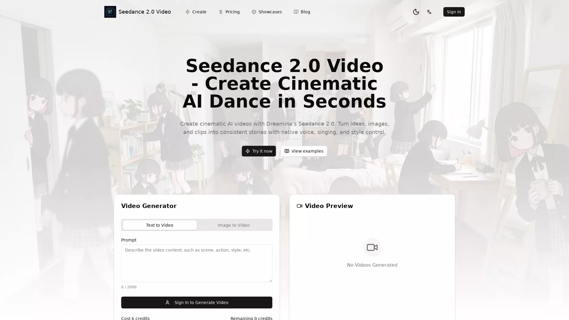 SeeDance2Video - AI Dance Video Generator Website Screenshot