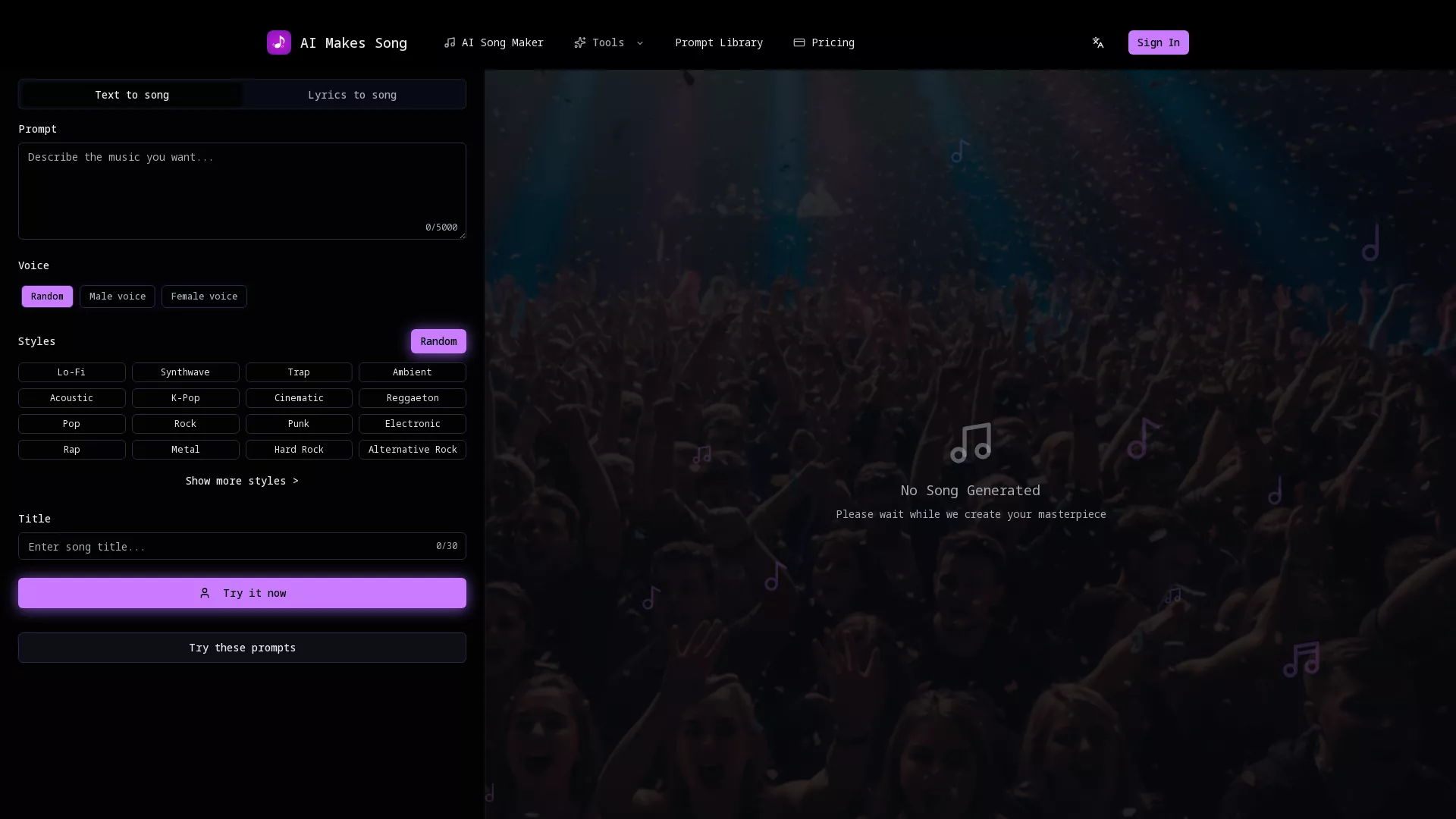 AIMakesSong - AI Music Composition Website Screenshot