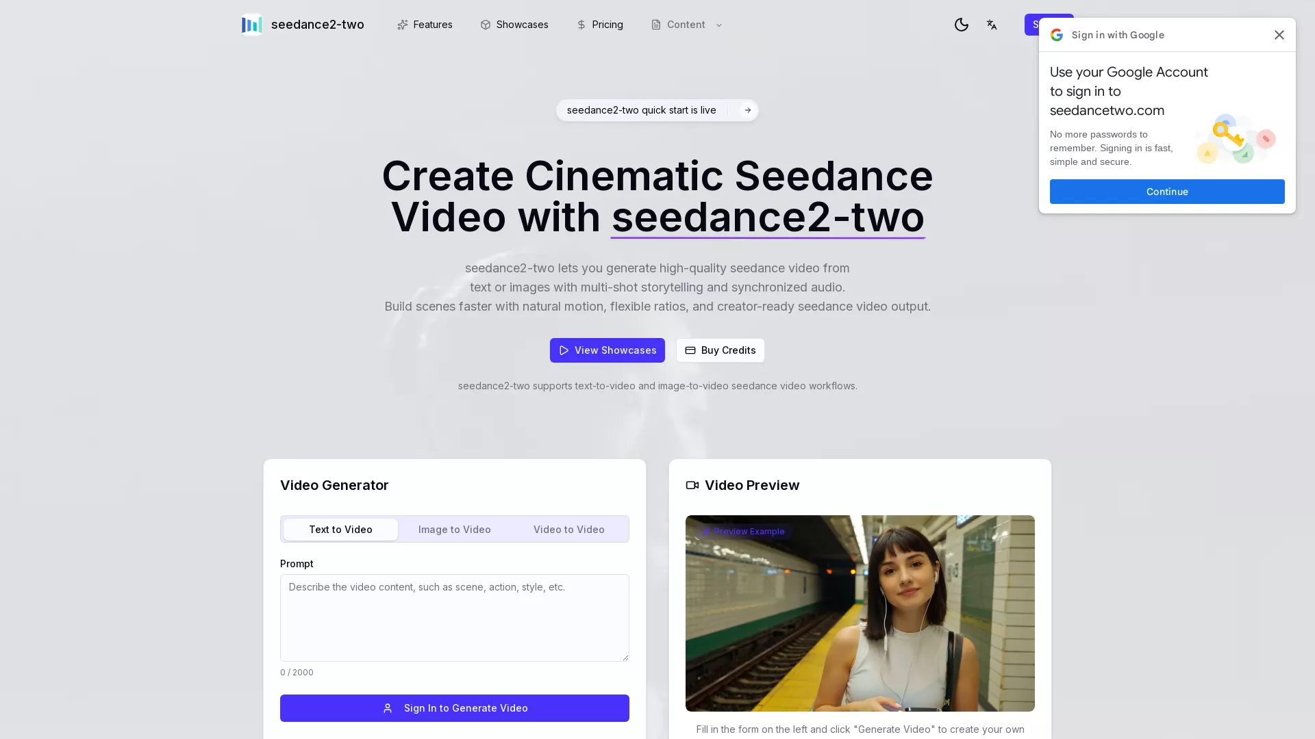 SeedAncetwo - AI Video Generation Tool Website Screenshot