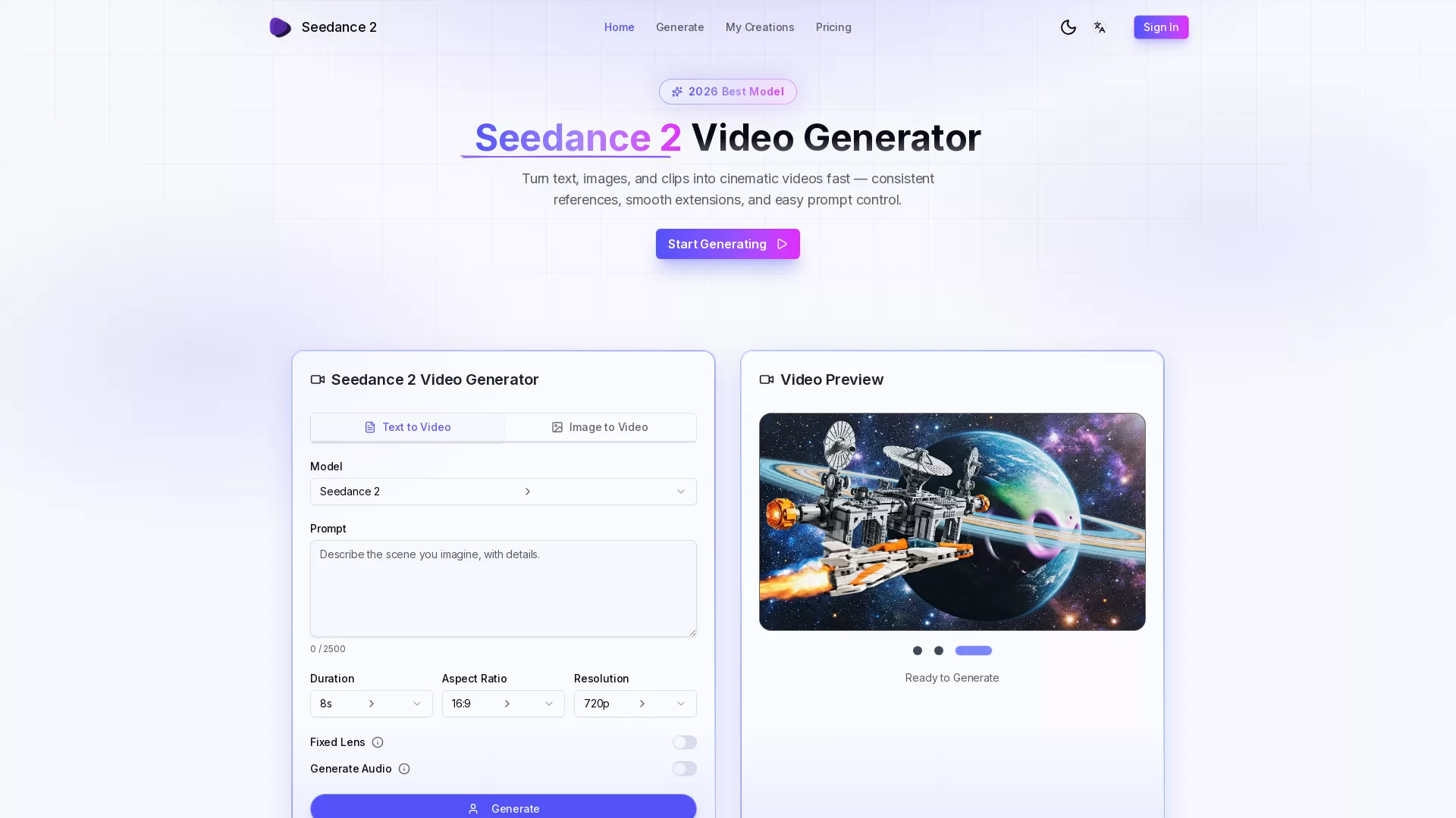 SeedanceV2 - AI Video Generator Website Screenshot