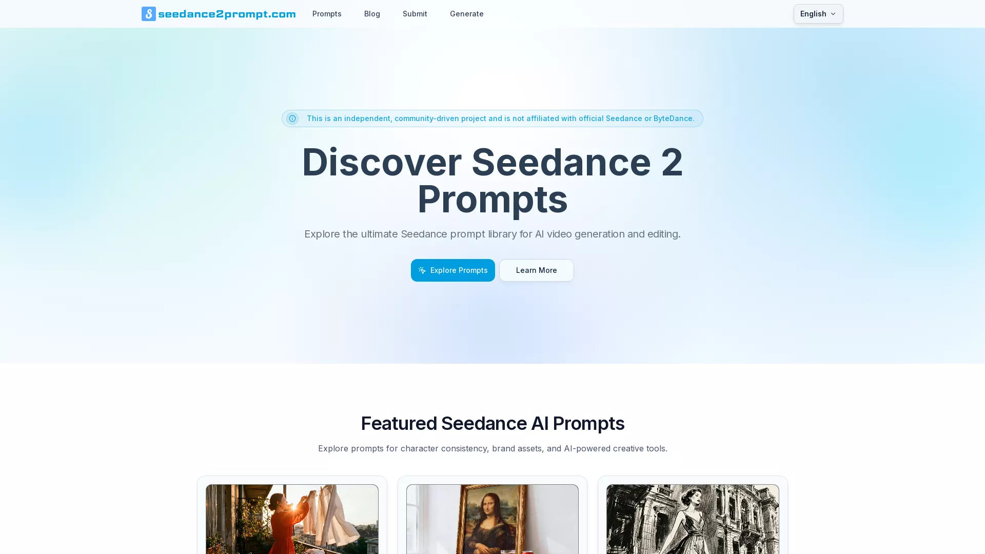 Seedance2Prompt - AI Content Creation Website Screenshot