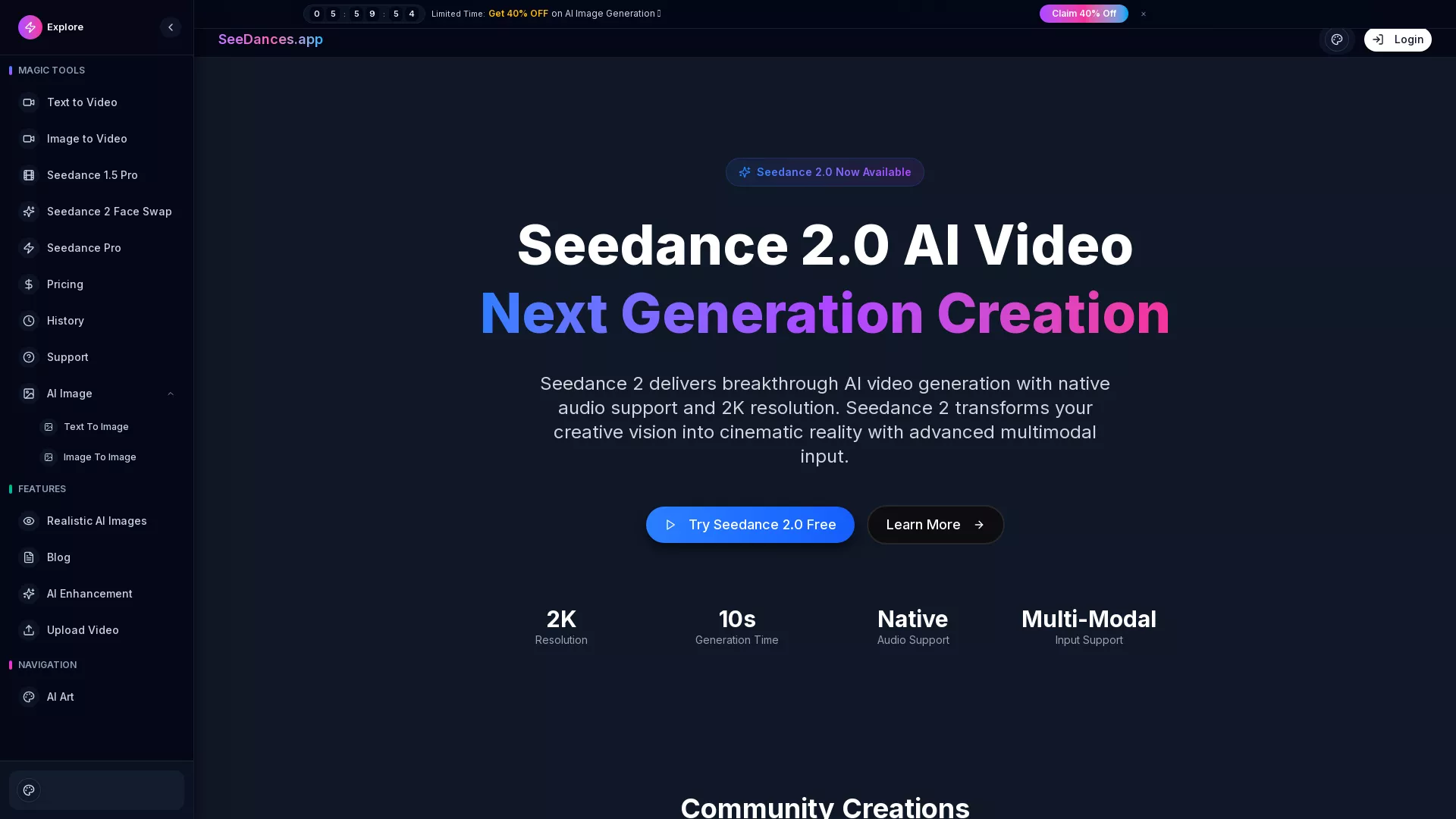 Seedances - AI Video Generation Tool Website Screenshot
